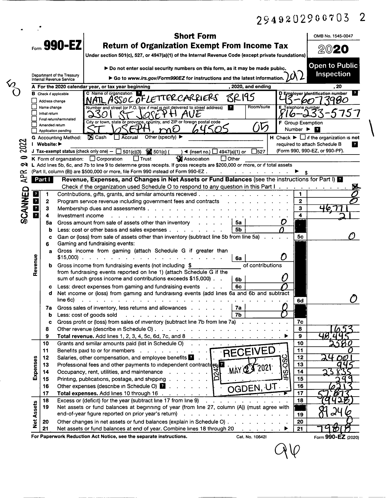 Image of first page of 2020 Form 990EO for National Association Of Letter Carriers - 195 St Joseph Missouri