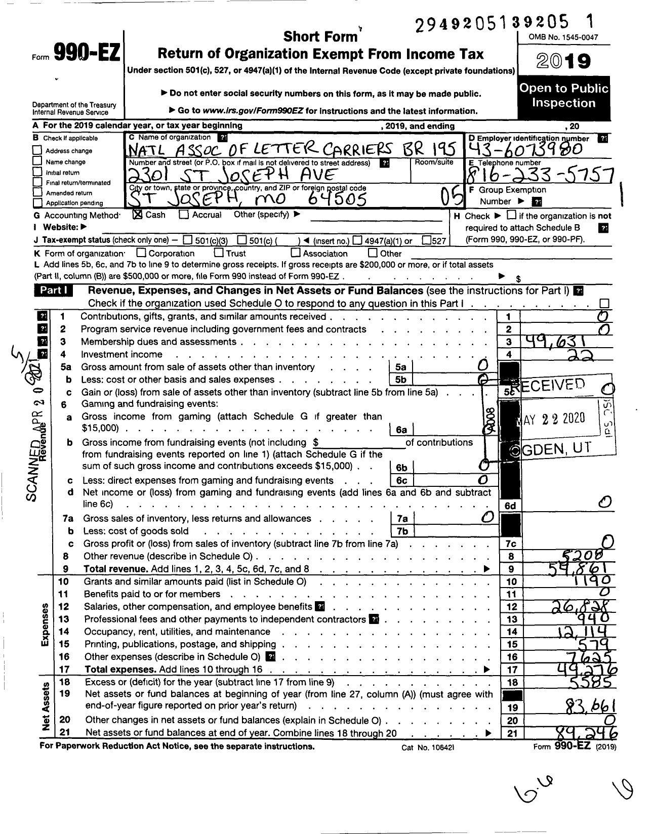 Image of first page of 2019 Form 990EO for National Association Of Letter Carriers - 195 St Joseph Missouri