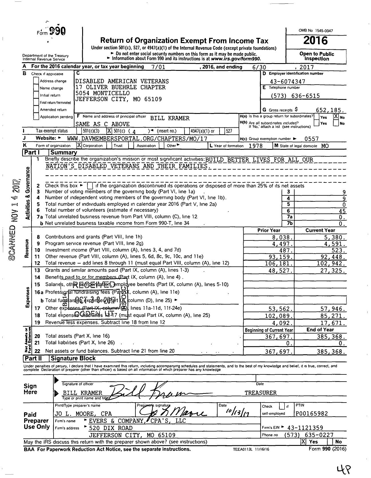 Image of first page of 2016 Form 990O for Disabled American Veterans 17 Oliver Buehrle Chapter