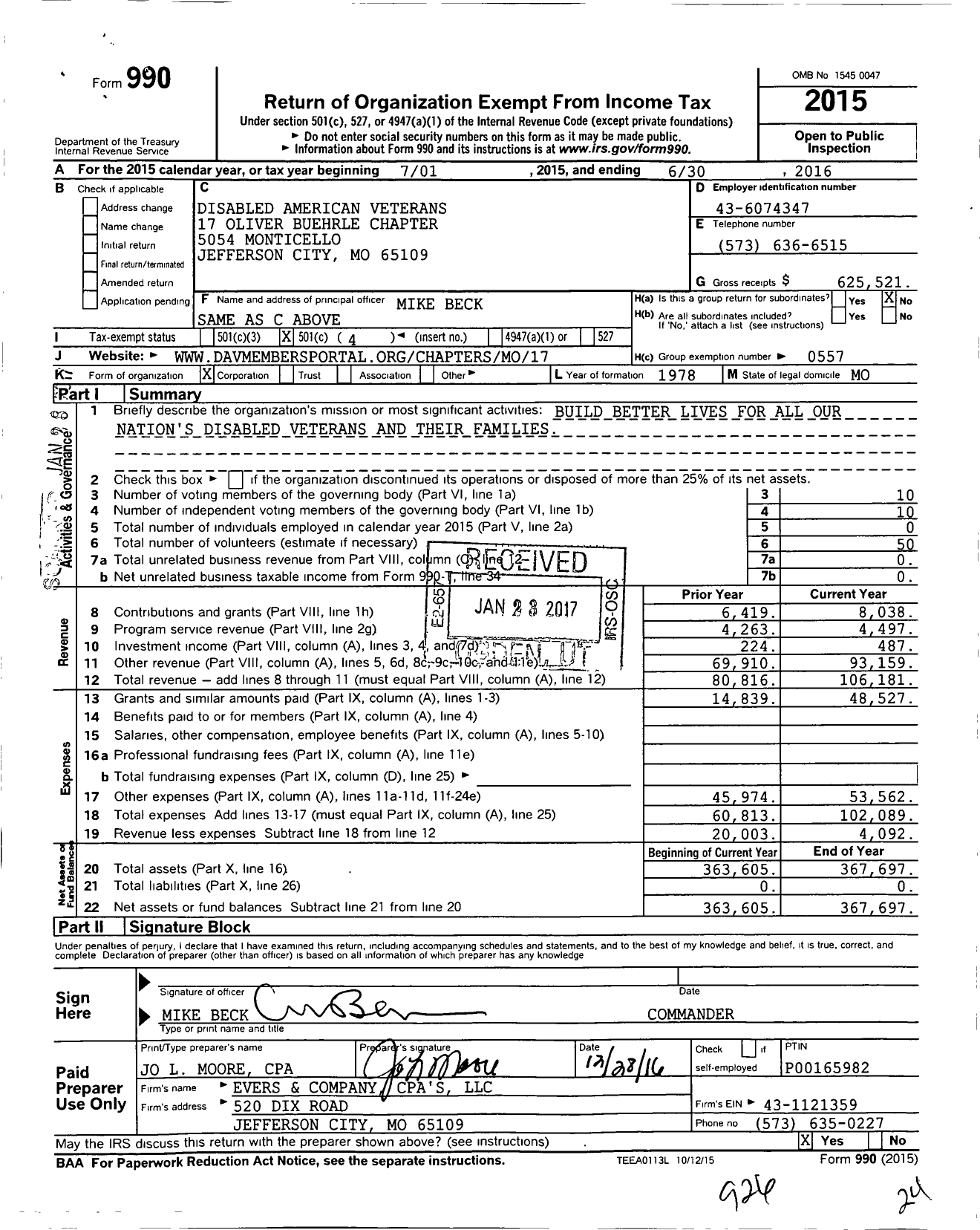 Image of first page of 2015 Form 990O for Disabled American Veterans 17 Oliver Buehrle Chapter