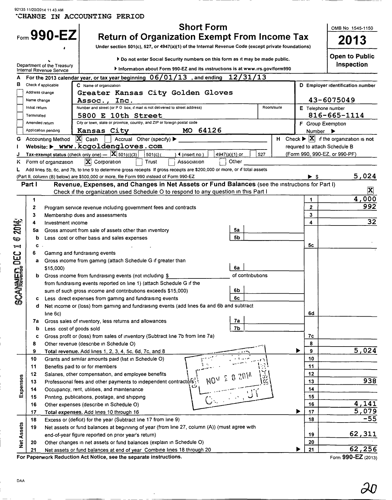 Image of first page of 2013 Form 990EZ for Greater Kansas City Golden Gloves