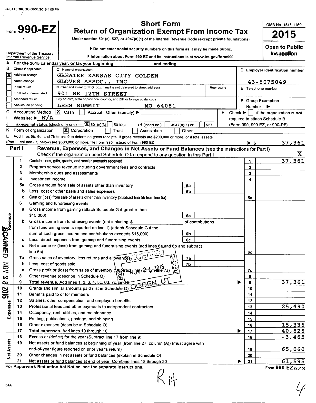 Image of first page of 2015 Form 990EZ for Greater Kansas City Golden Gloves