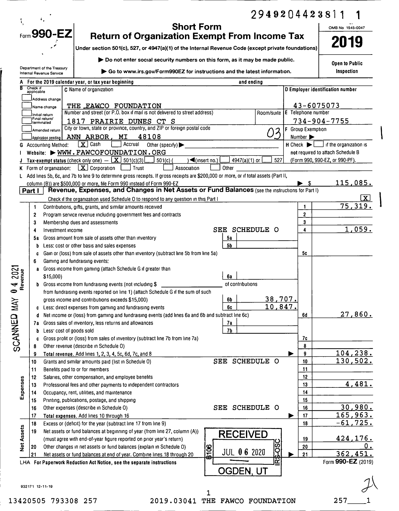 Image of first page of 2019 Form 990EZ for The Fawco Foundation