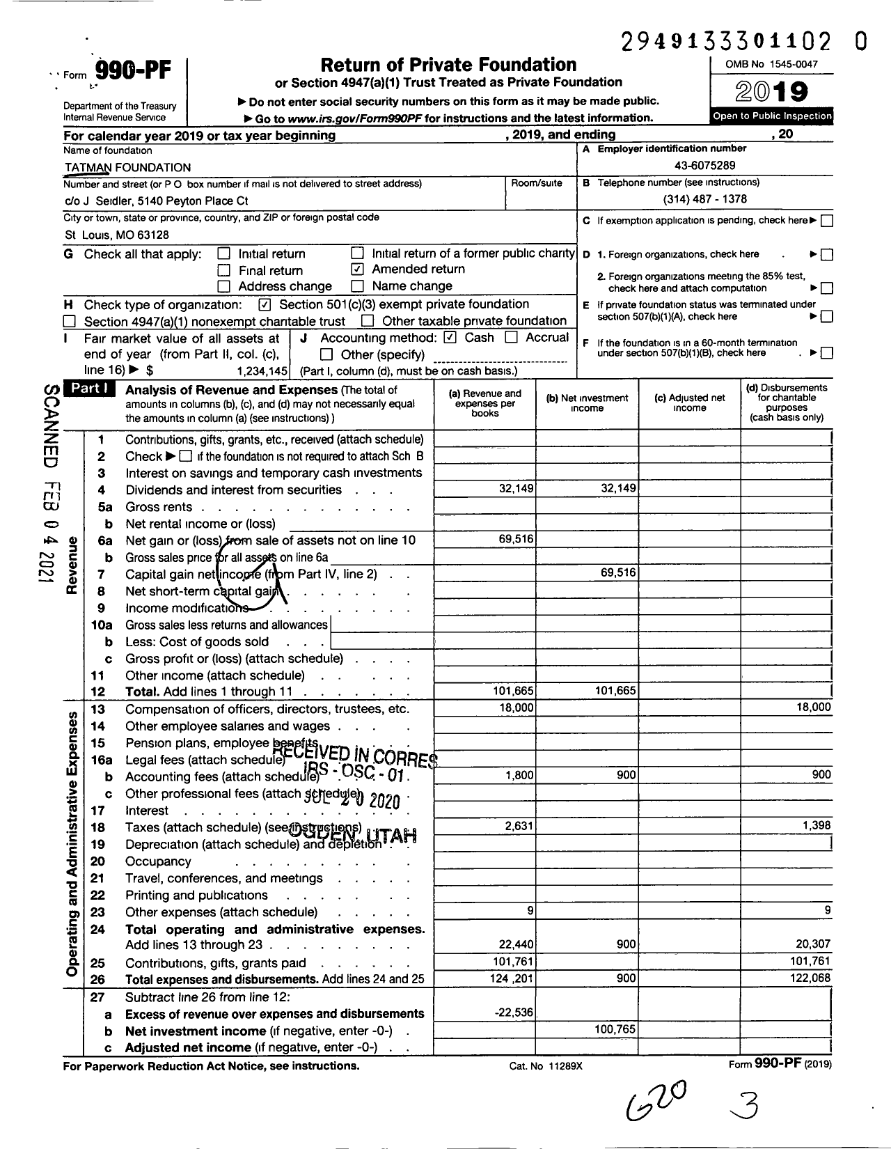 Image of first page of 2019 Form 990PF for Tatman Foundation