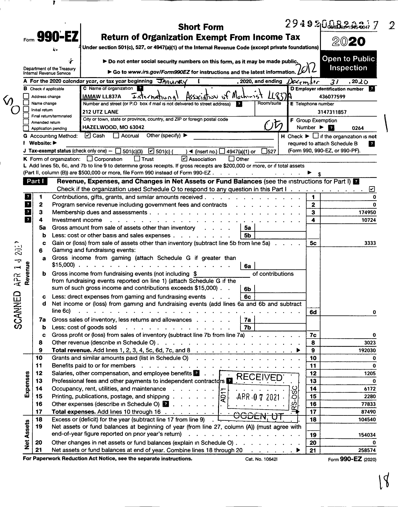 Image of first page of 2020 Form 990EO for International Association of Machinists and Aerospace Workers - 837a