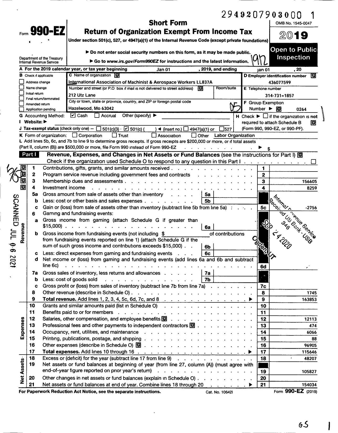 Image of first page of 2019 Form 990EO for International Association of Machinists and Aerospace Workers - 837a