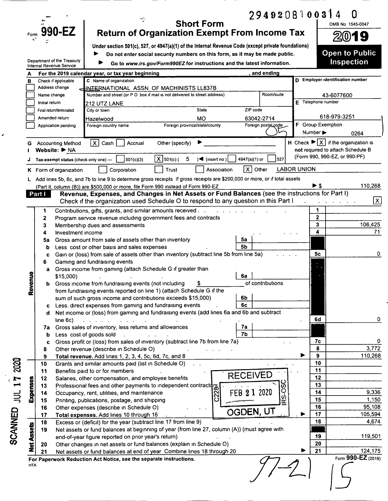 Image of first page of 2019 Form 990EO for International Association of Machinists and Aerospace Workers - 837b