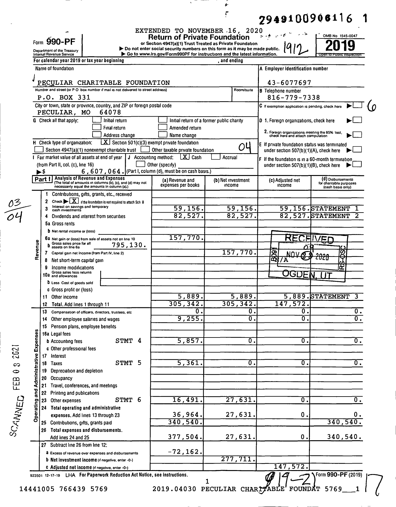 Image of first page of 2019 Form 990PF for Peculiar Charitable Foundation