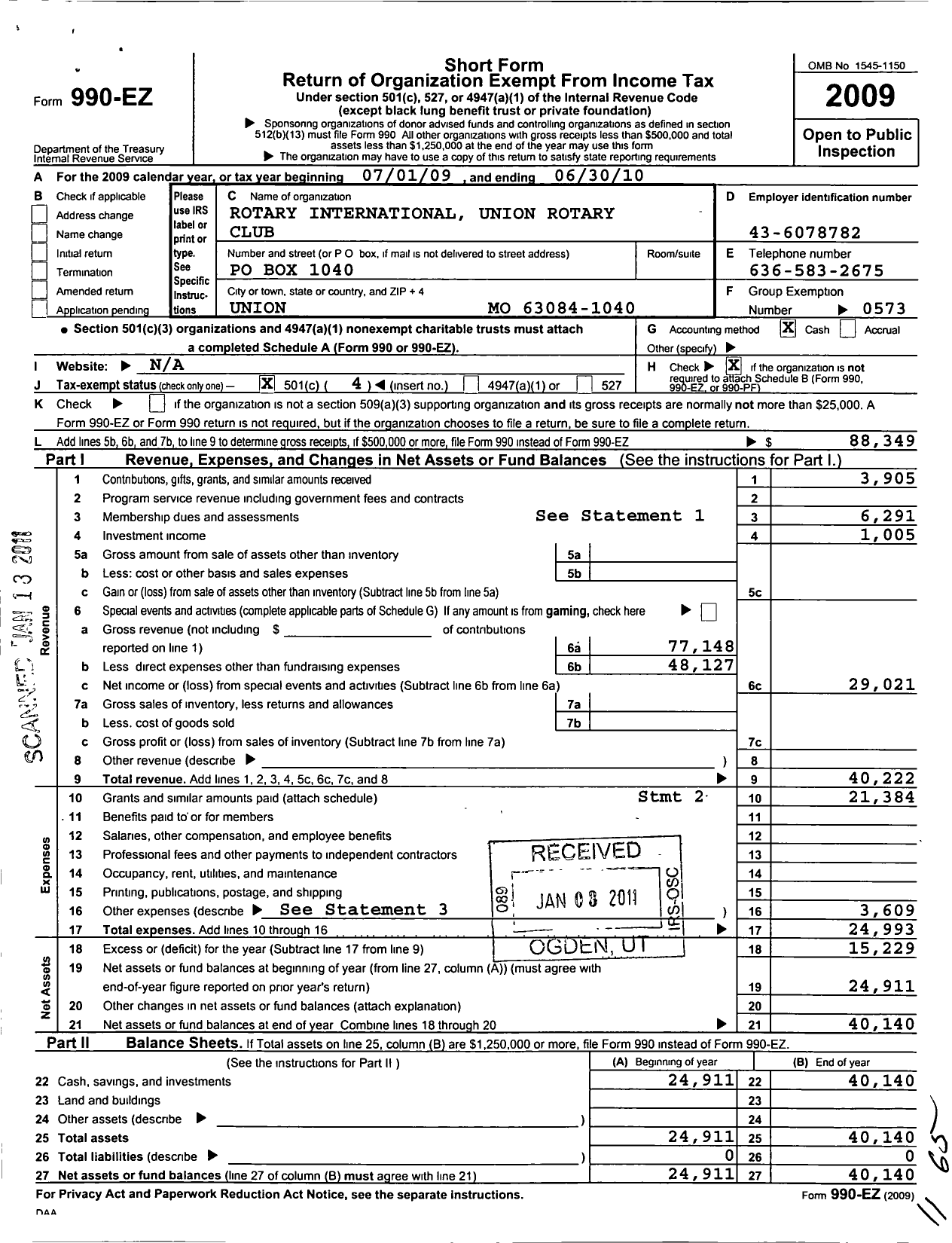 Image of first page of 2009 Form 990EO for Rotary International - Union Rotary Club