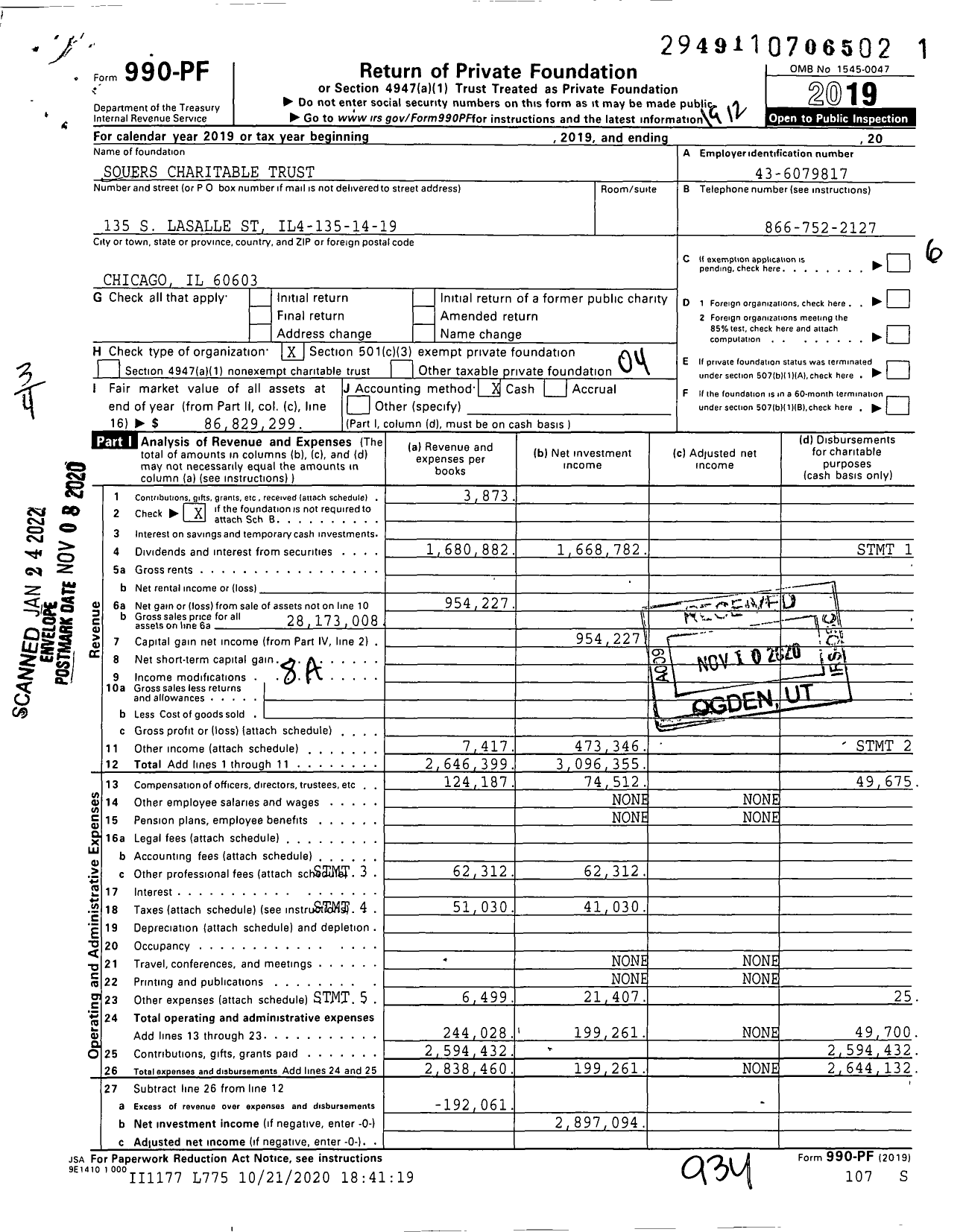 Image of first page of 2019 Form 990PF for Souers Charitable Trust