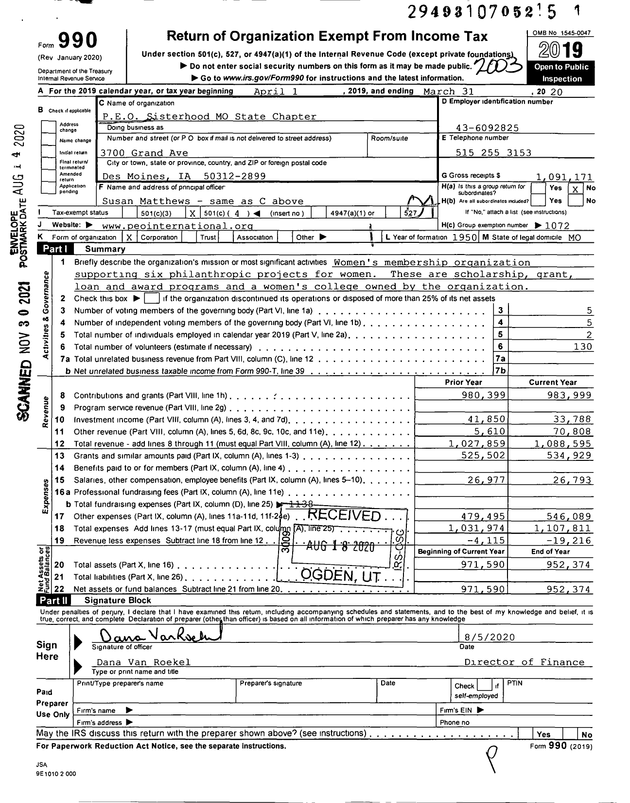 Image of first page of 2019 Form 990O for PEO Sisterhood International - 43 MO State Chapter