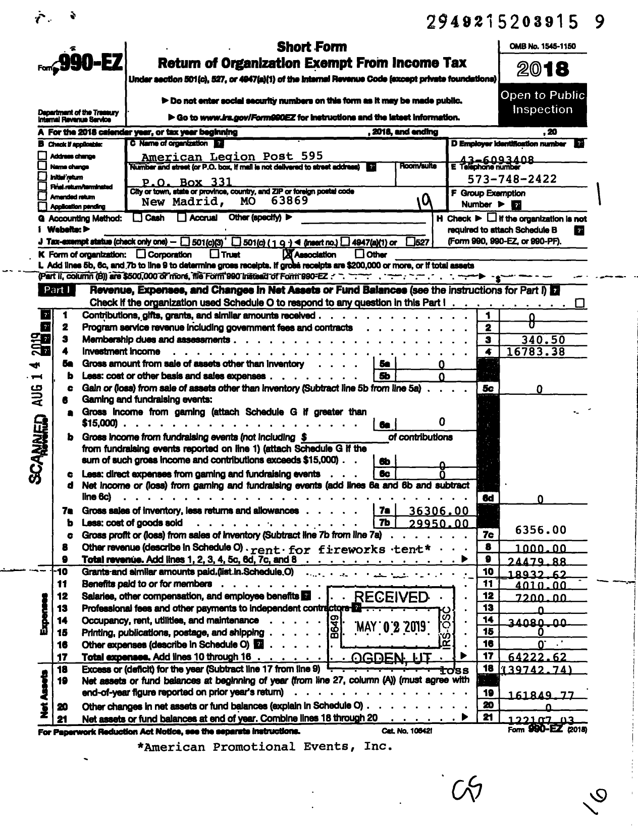 Image of first page of 2018 Form 990EO for American Legion - American Legion Post 595 Brown Twitty