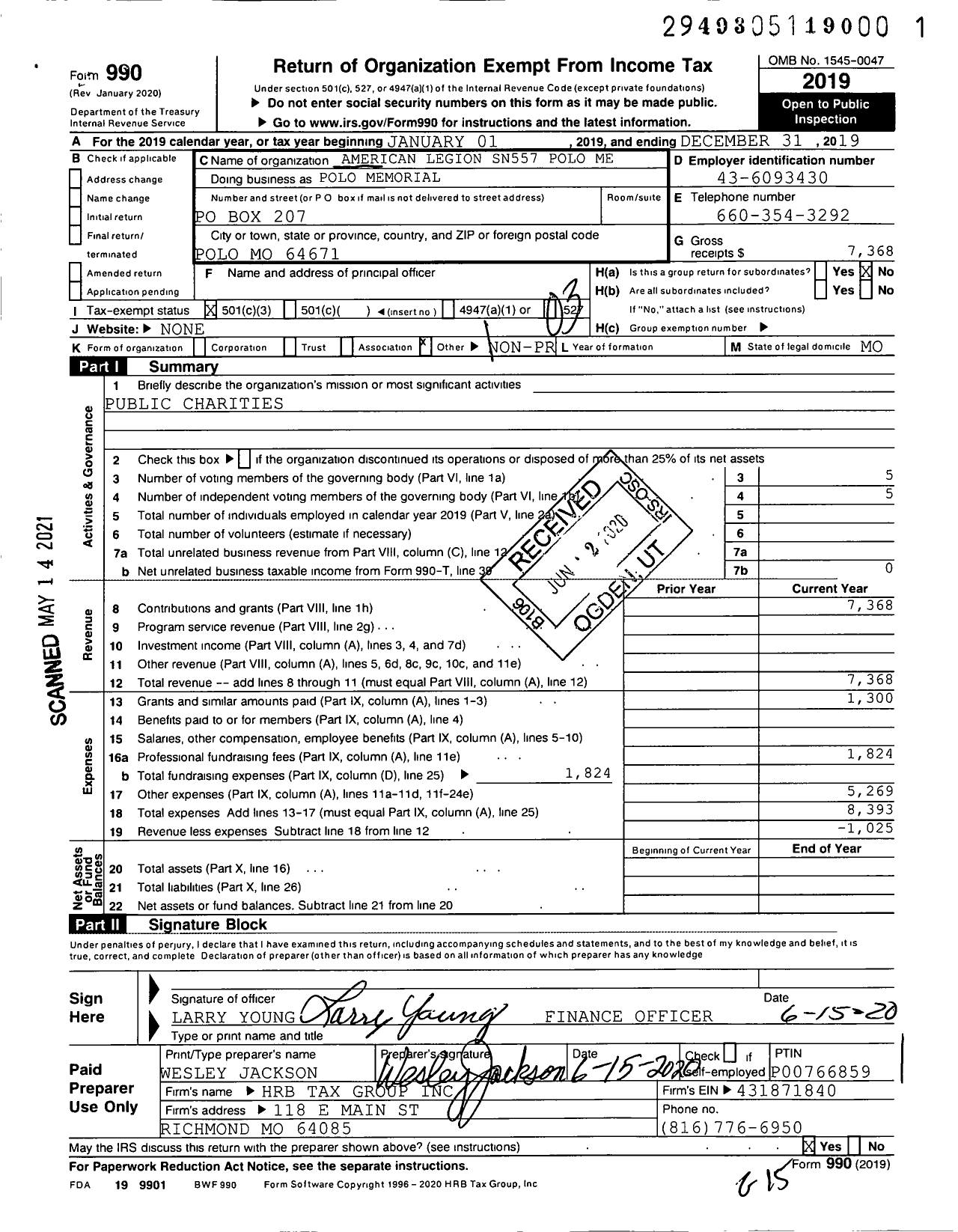 Image of first page of 2019 Form 990 for American Legion - 0557 Polo Memorial Post Mo