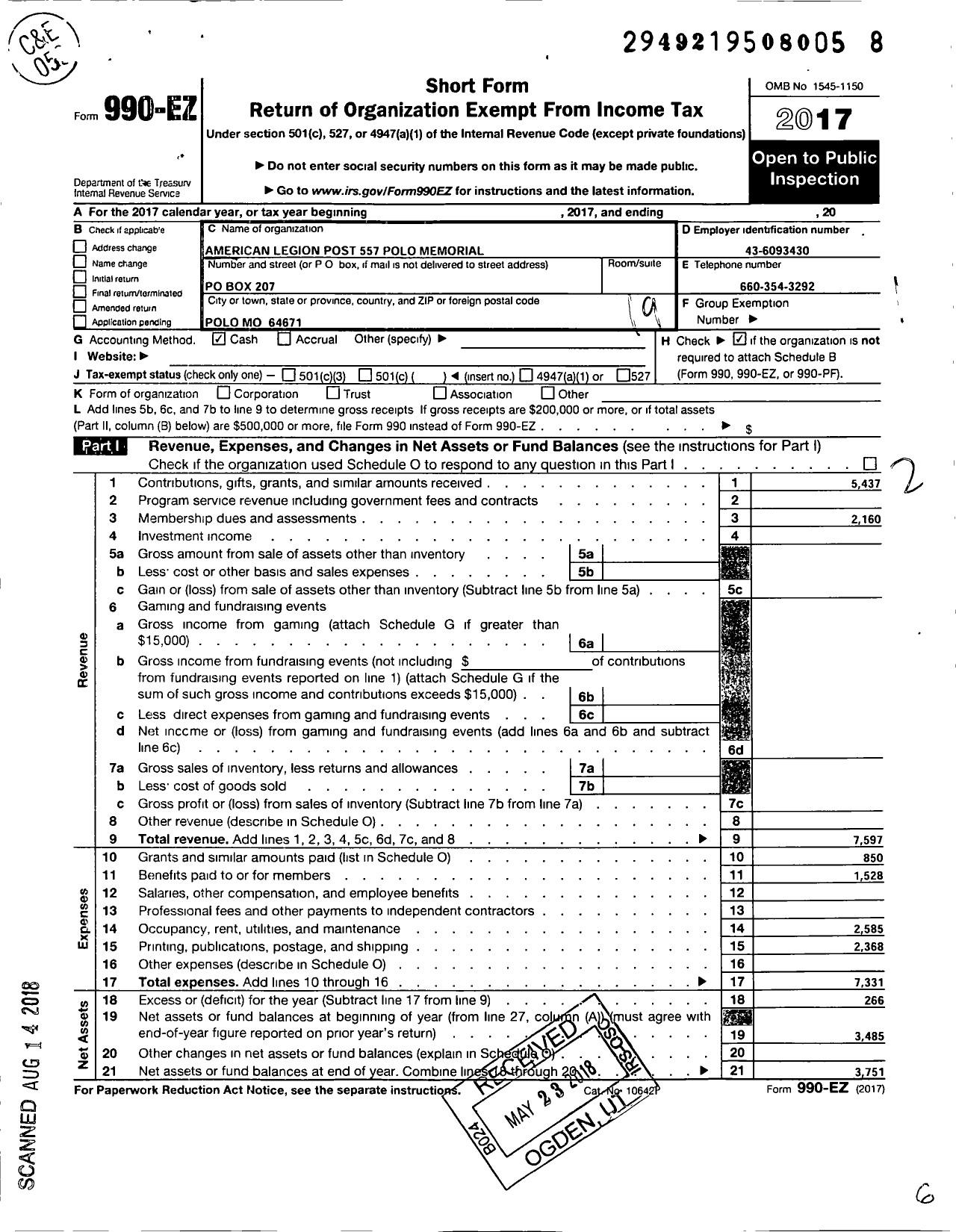 Image of first page of 2017 Form 990EO for American Legion - 0557 Polo Memorial Post Mo