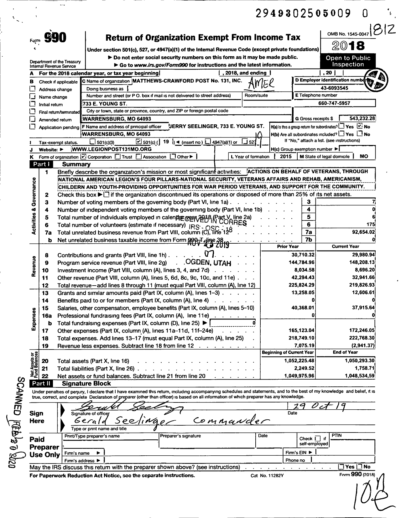 Image of first page of 2018 Form 990O for American Legion Post 131