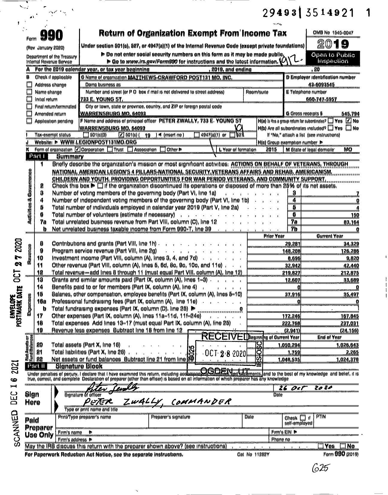 Image of first page of 2019 Form 990O for American Legion - 0131 Matthews Crawford Post Mo