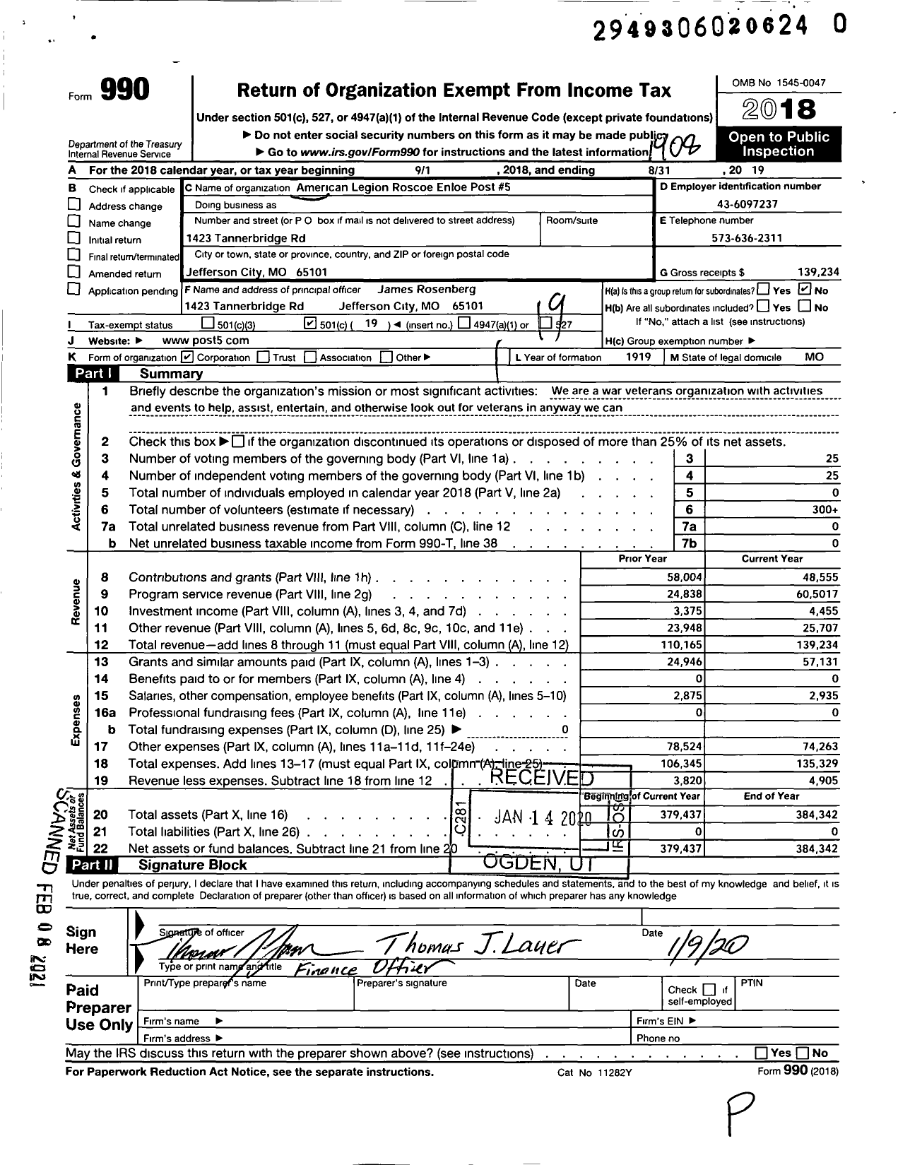 Image of first page of 2018 Form 990O for American Legion - 005 Roscoe Enloe