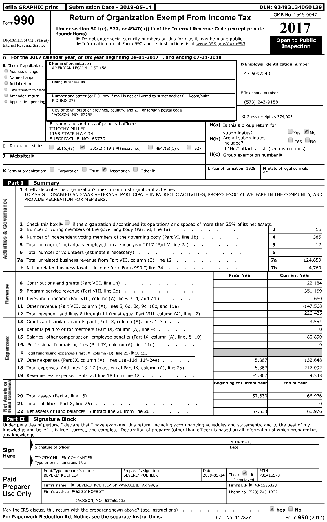 Image of first page of 2017 Form 990 for American Legion Post 158