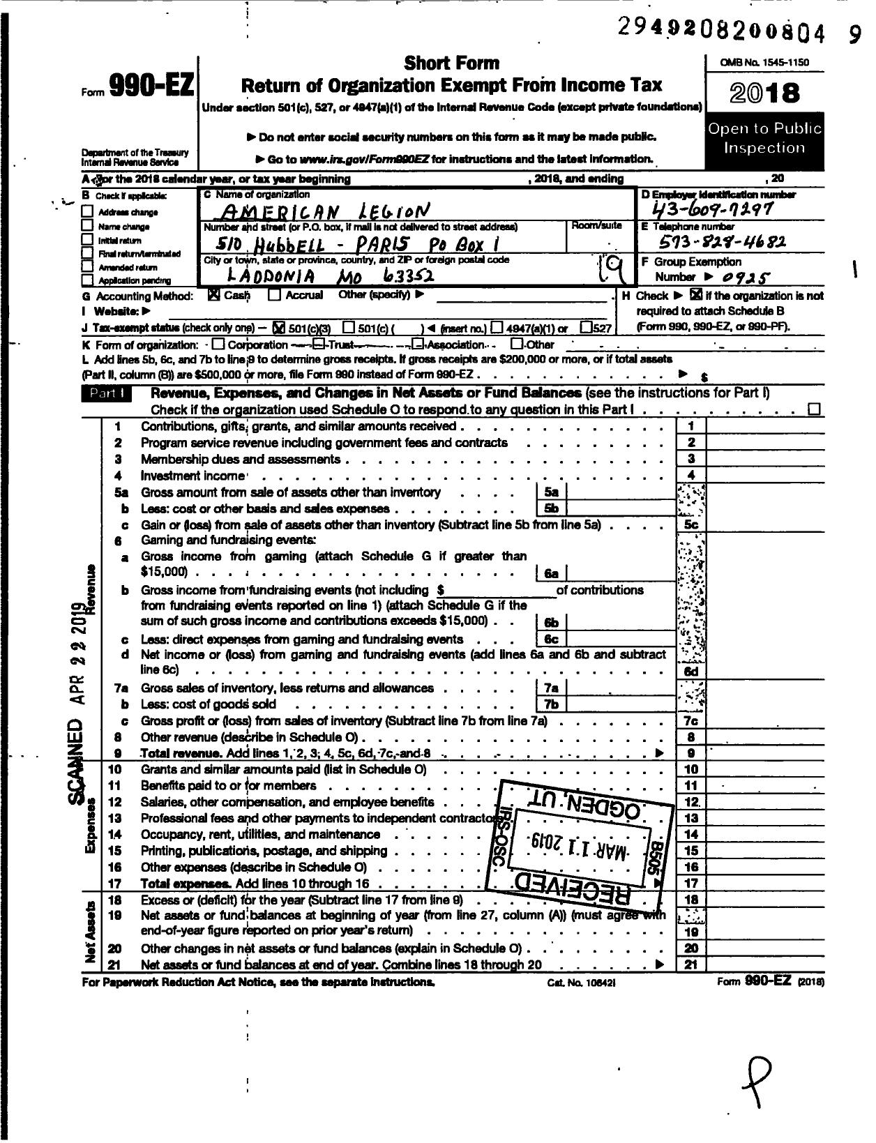 Image of first page of 2018 Form 990EO for American Legion - 510 Hubbell-Paris