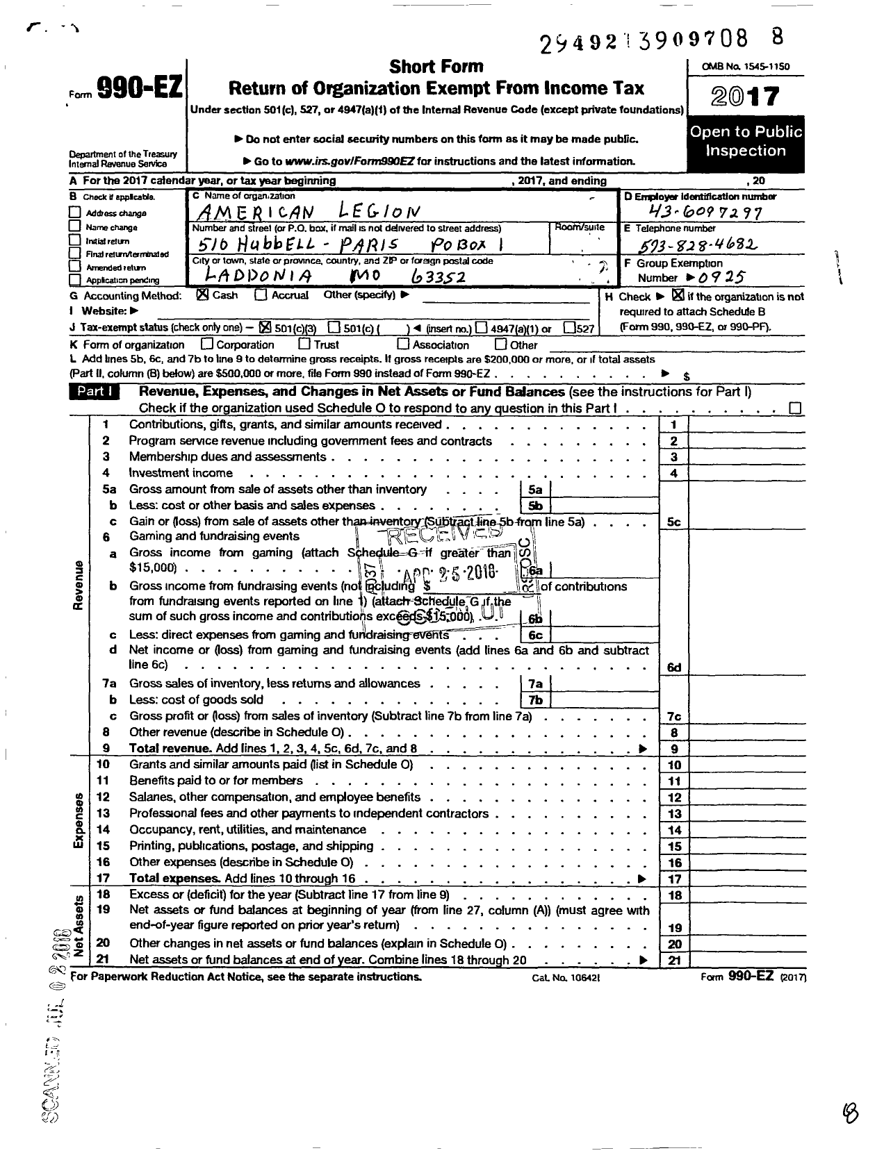 Image of first page of 2017 Form 990EO for American Legion - 510 Hubbell-Paris