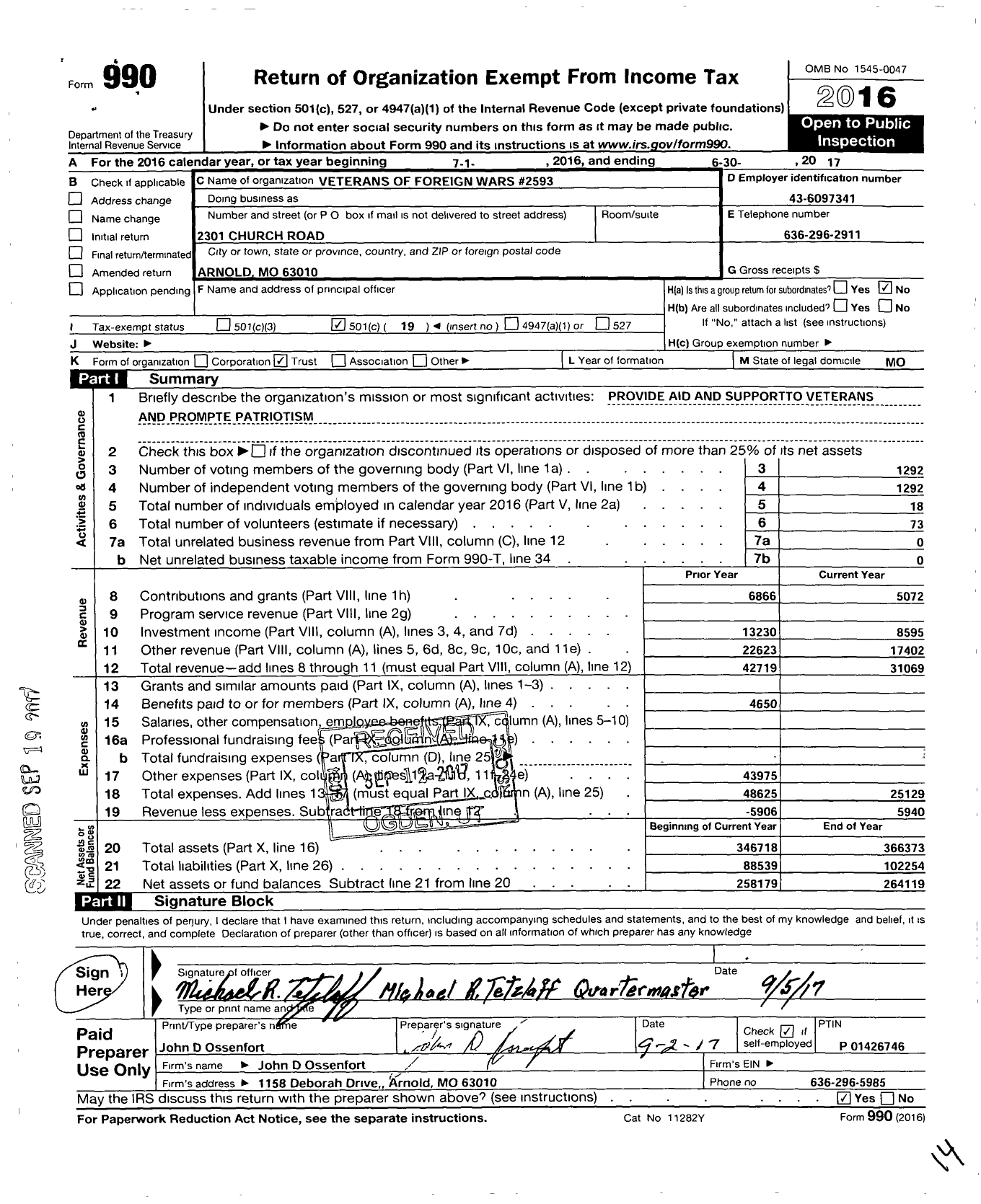 Image of first page of 2016 Form 990O for VFW Missouri - 2593 VFW Post
