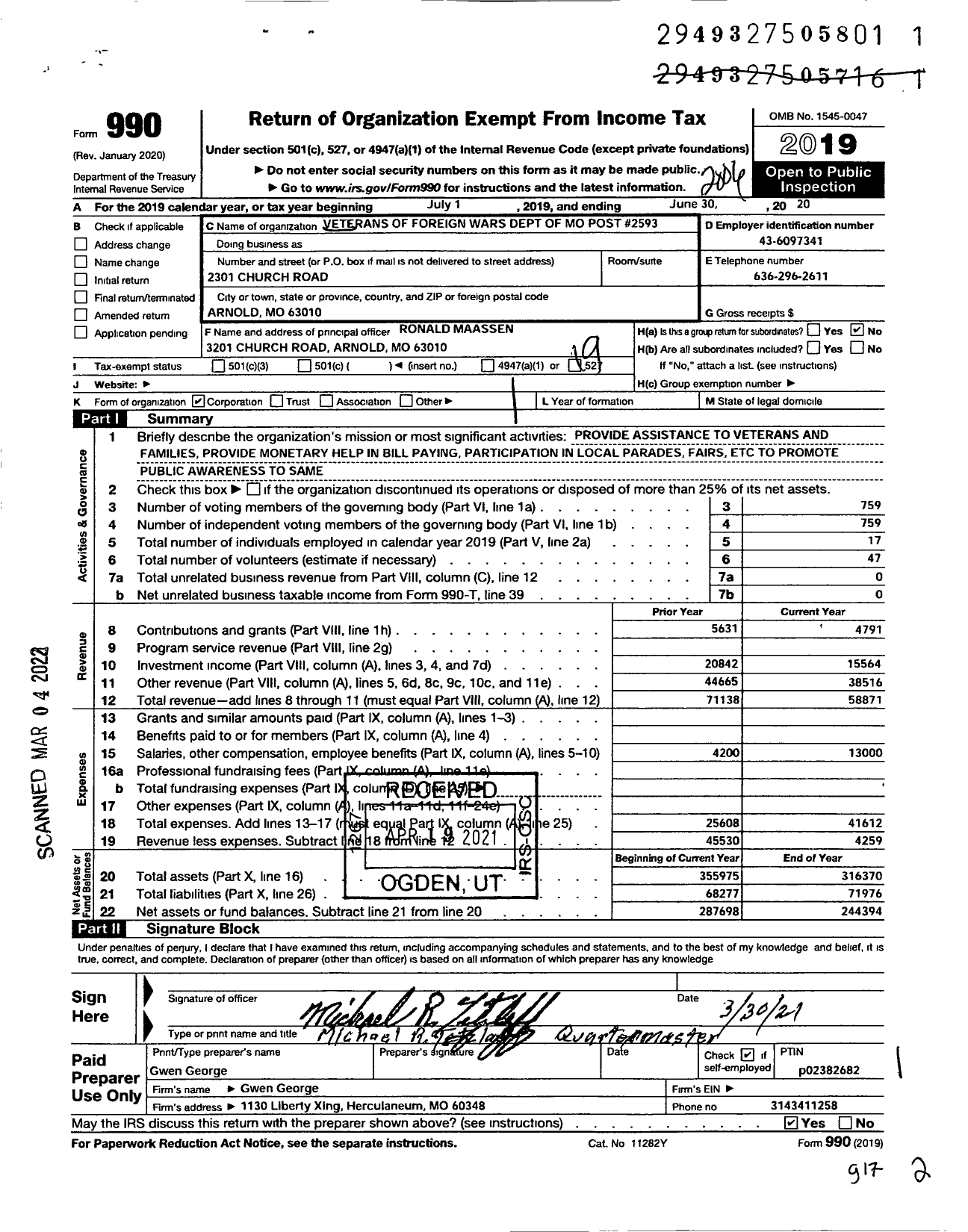 Image of first page of 2019 Form 990O for VFW Missouri - 2593 VFW Post