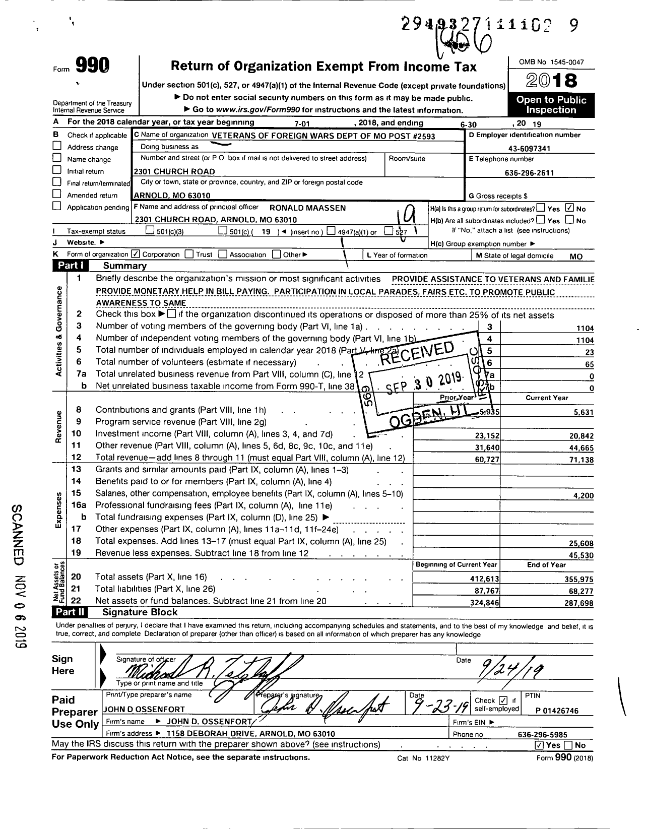 Image of first page of 2018 Form 990O for VFW Missouri - 2593 VFW Post