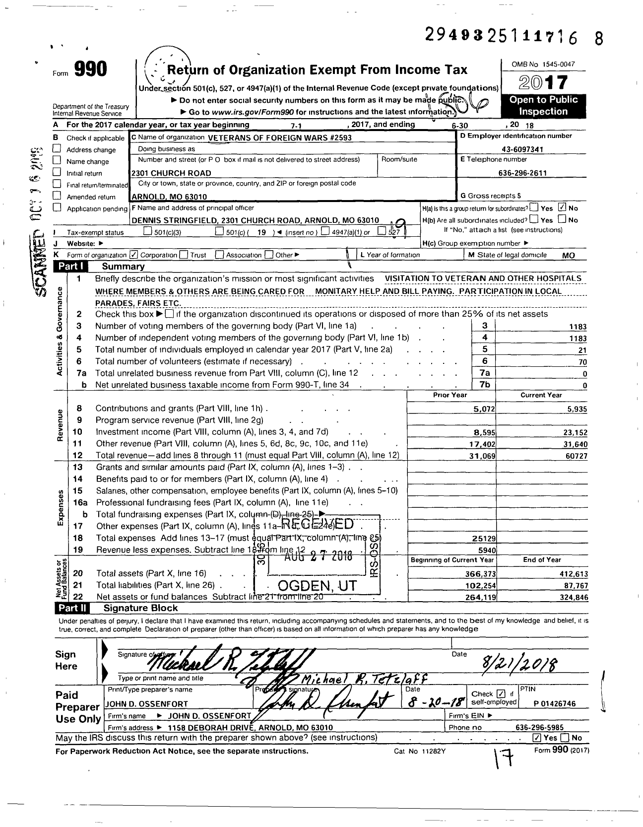 Image of first page of 2017 Form 990O for VFW Missouri - 2593 VFW Post