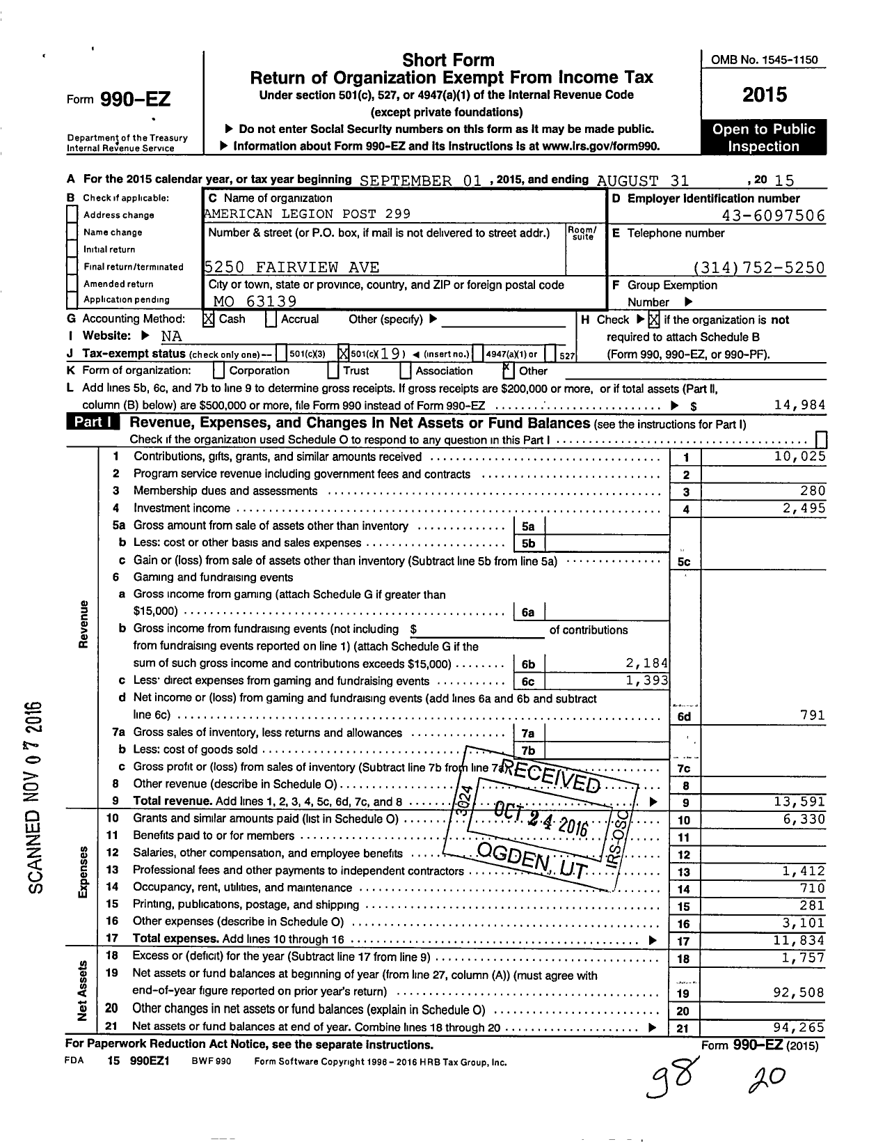 Image of first page of 2014 Form 990EO for American Legion Post 299