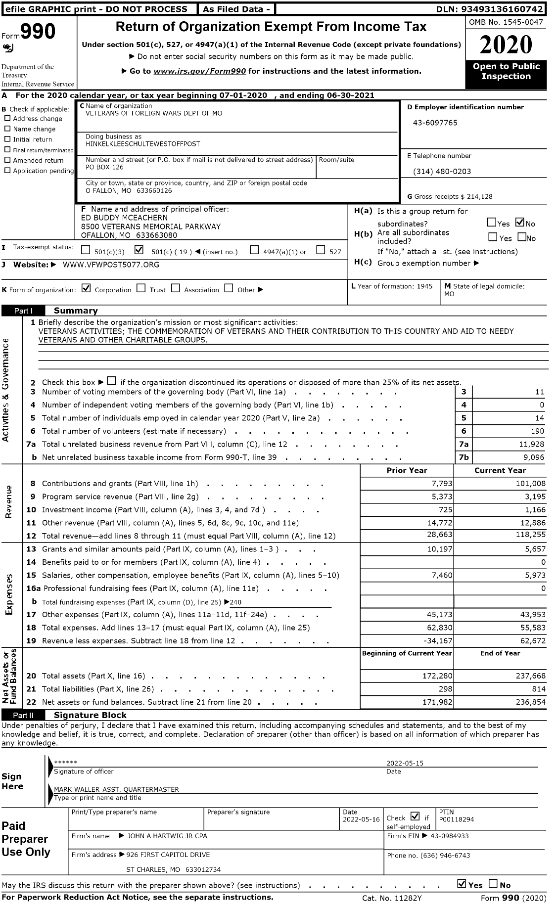 Image of first page of 2020 Form 990O for VFW Missouri - Hinkelkleeschultewestoffpost