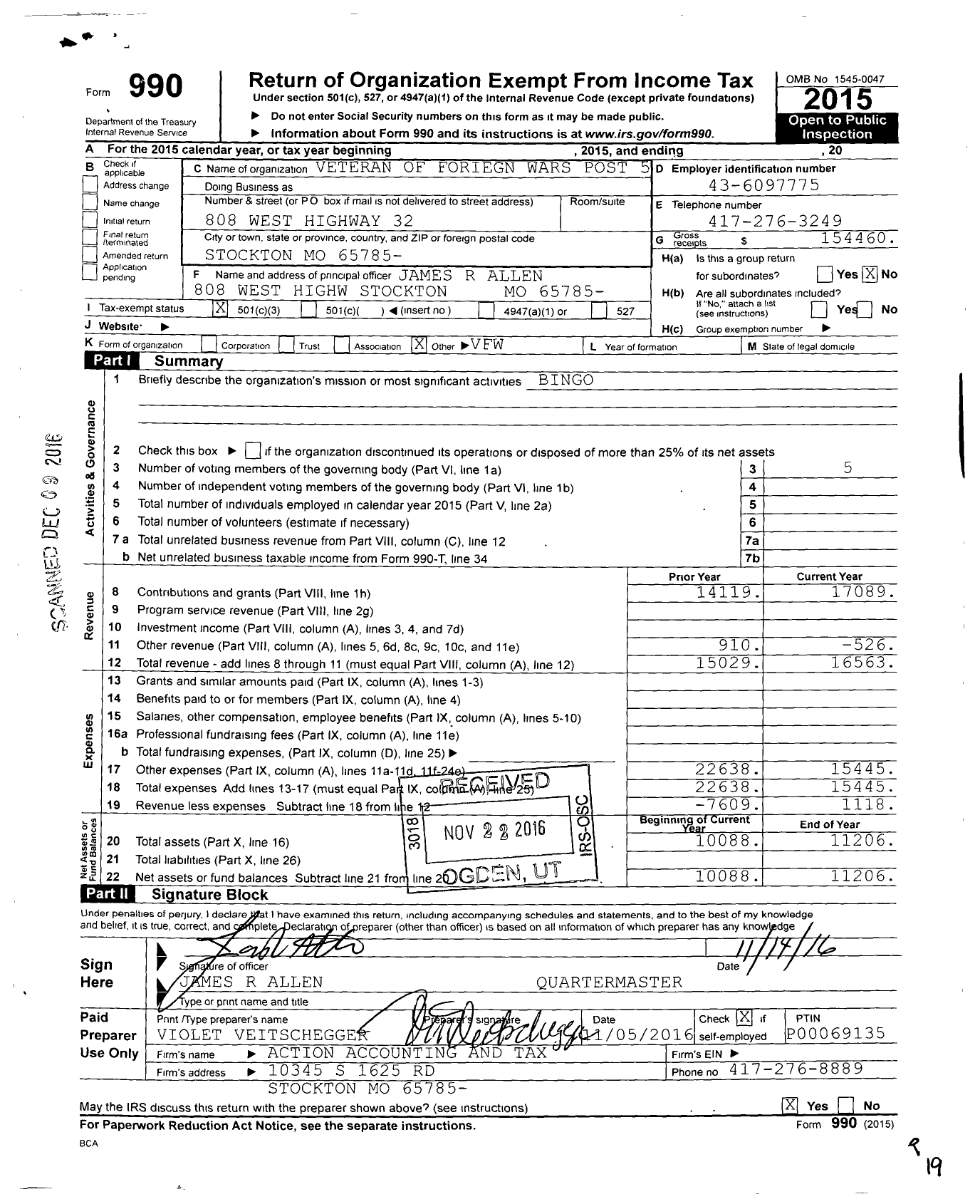 Image of first page of 2015 Form 990 for VFW Missouri - 5525 VFW Post