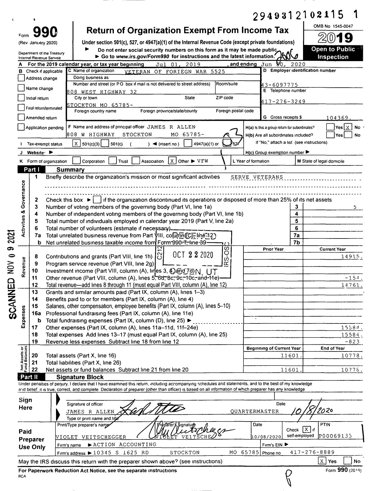 Image of first page of 2019 Form 990 for VFW Missouri - 5525 VFW Post