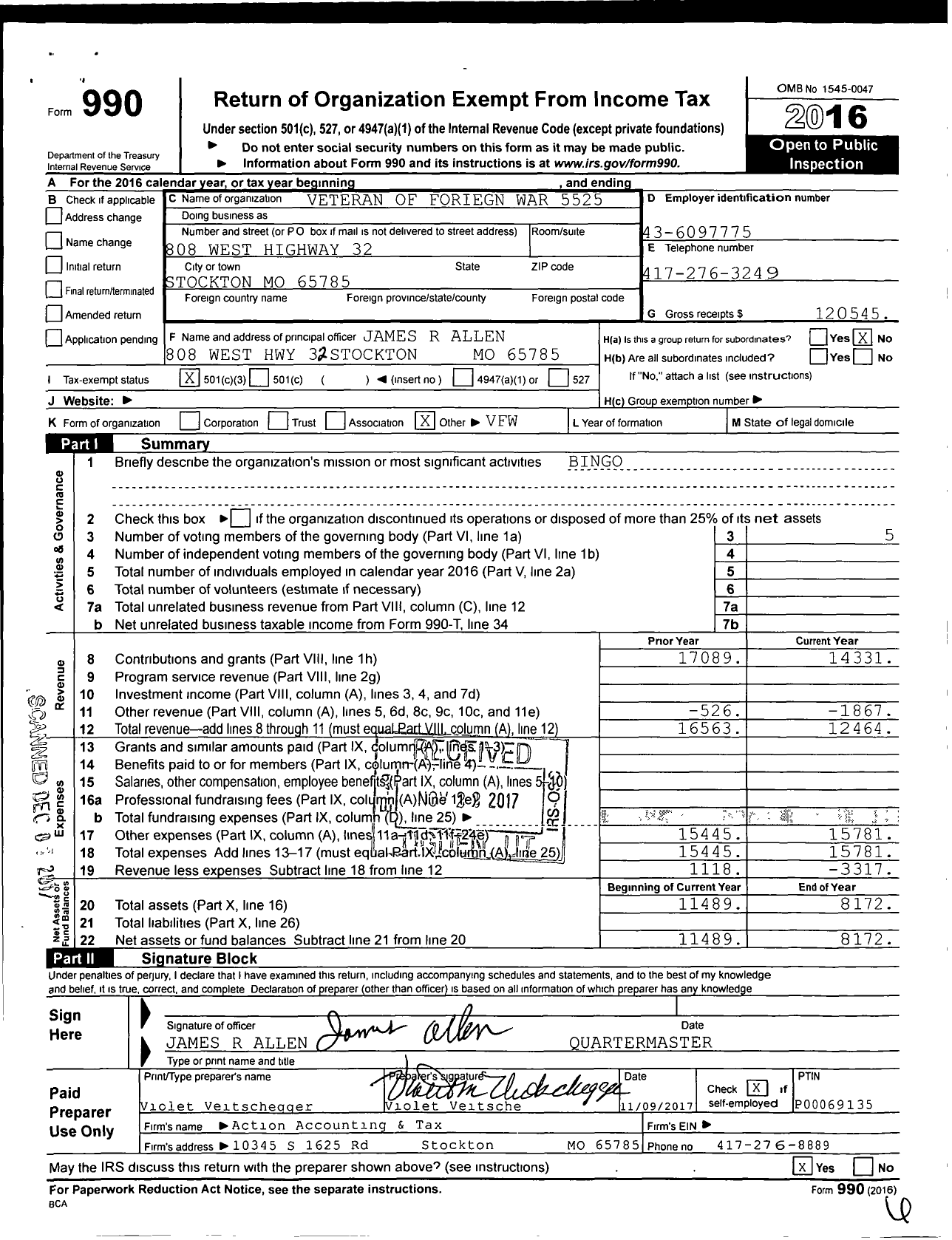 Image of first page of 2016 Form 990 for VFW Missouri - 5525 VFW Post