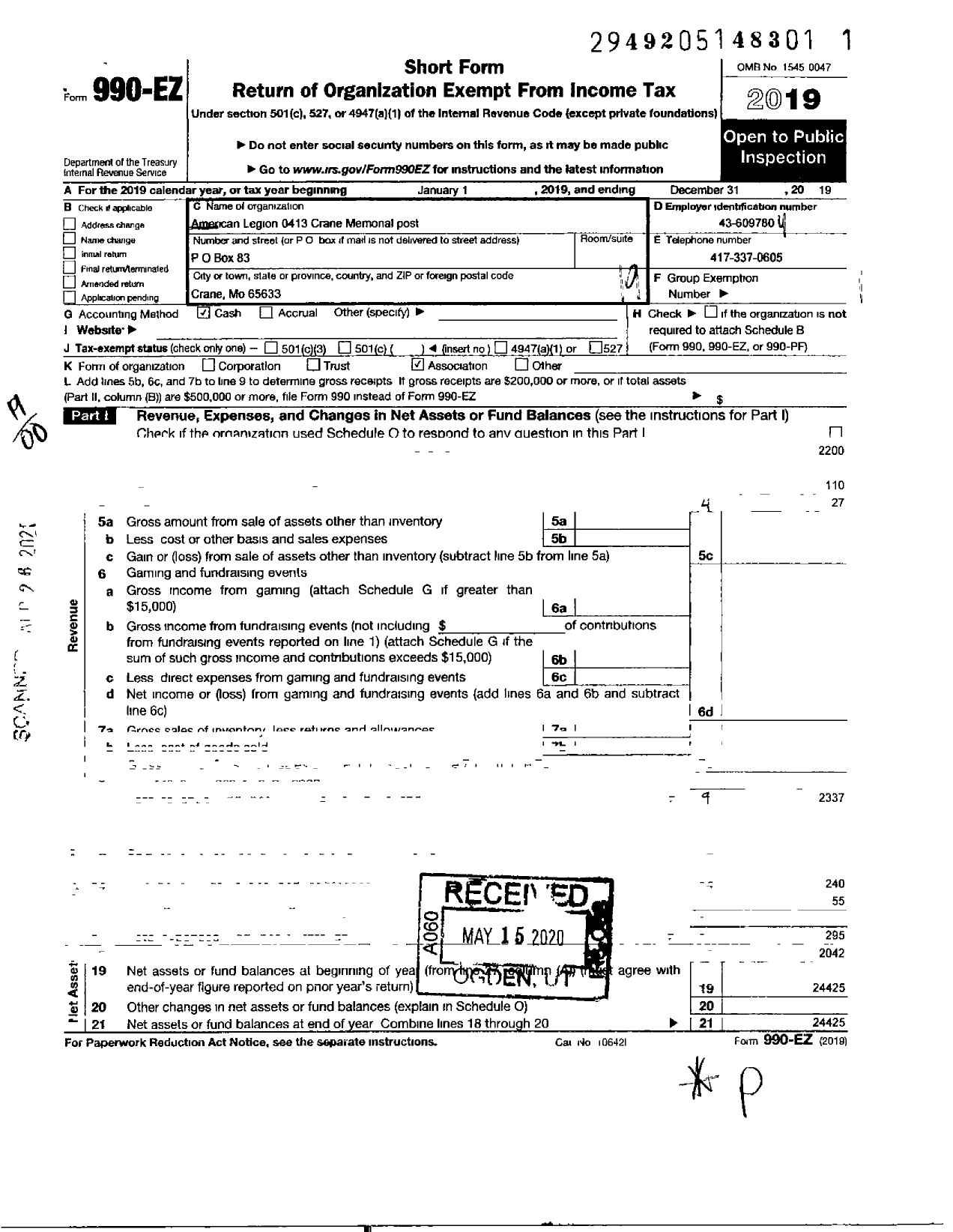 Image of first page of 2019 Form 990EO for AMERICAN LEGION - 0413 CRANE MEMORial