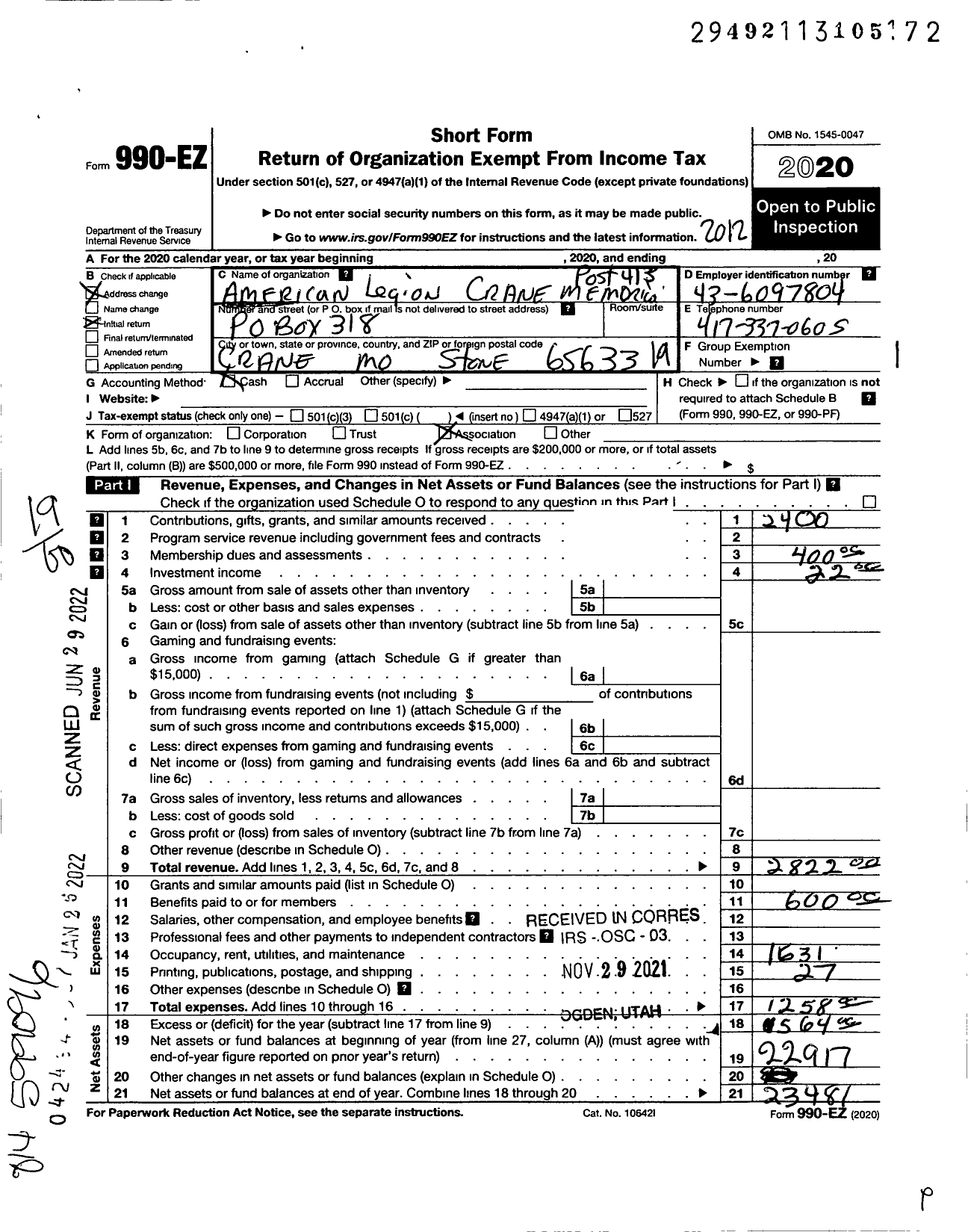 Image of first page of 2020 Form 990EO for AMERICAN LEGION - 0413 CRANE MEMORial