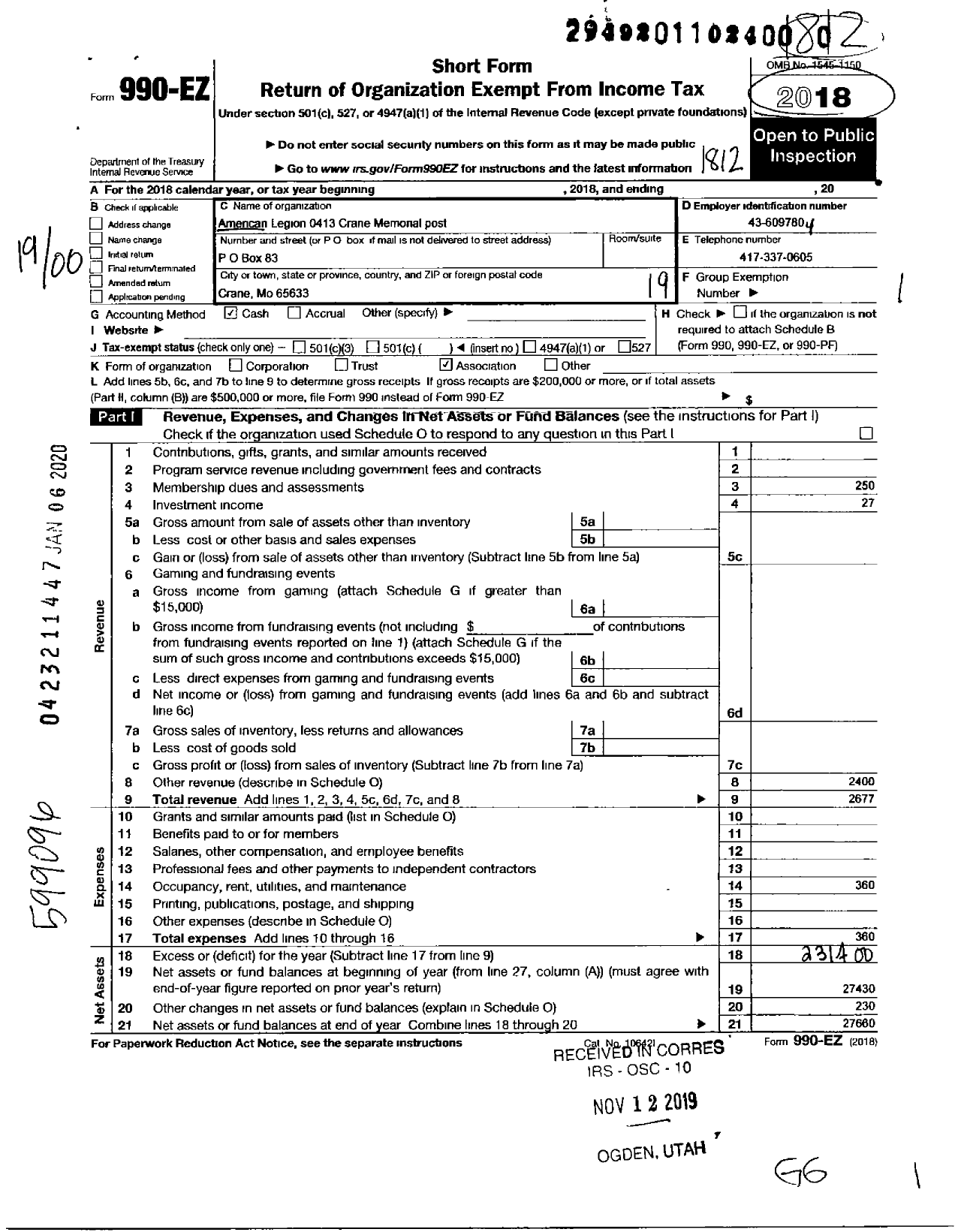 Image of first page of 2018 Form 990EO for AMERICAN LEGION - 0413 CRANE MEMORial