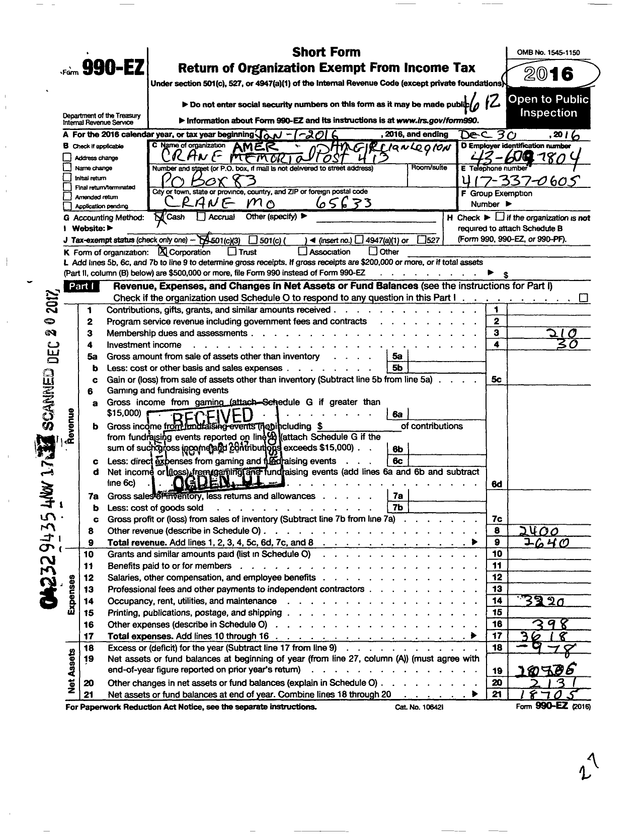 Image of first page of 2016 Form 990EZ for AMERICAN LEGION - 0413 CRANE MEMORial