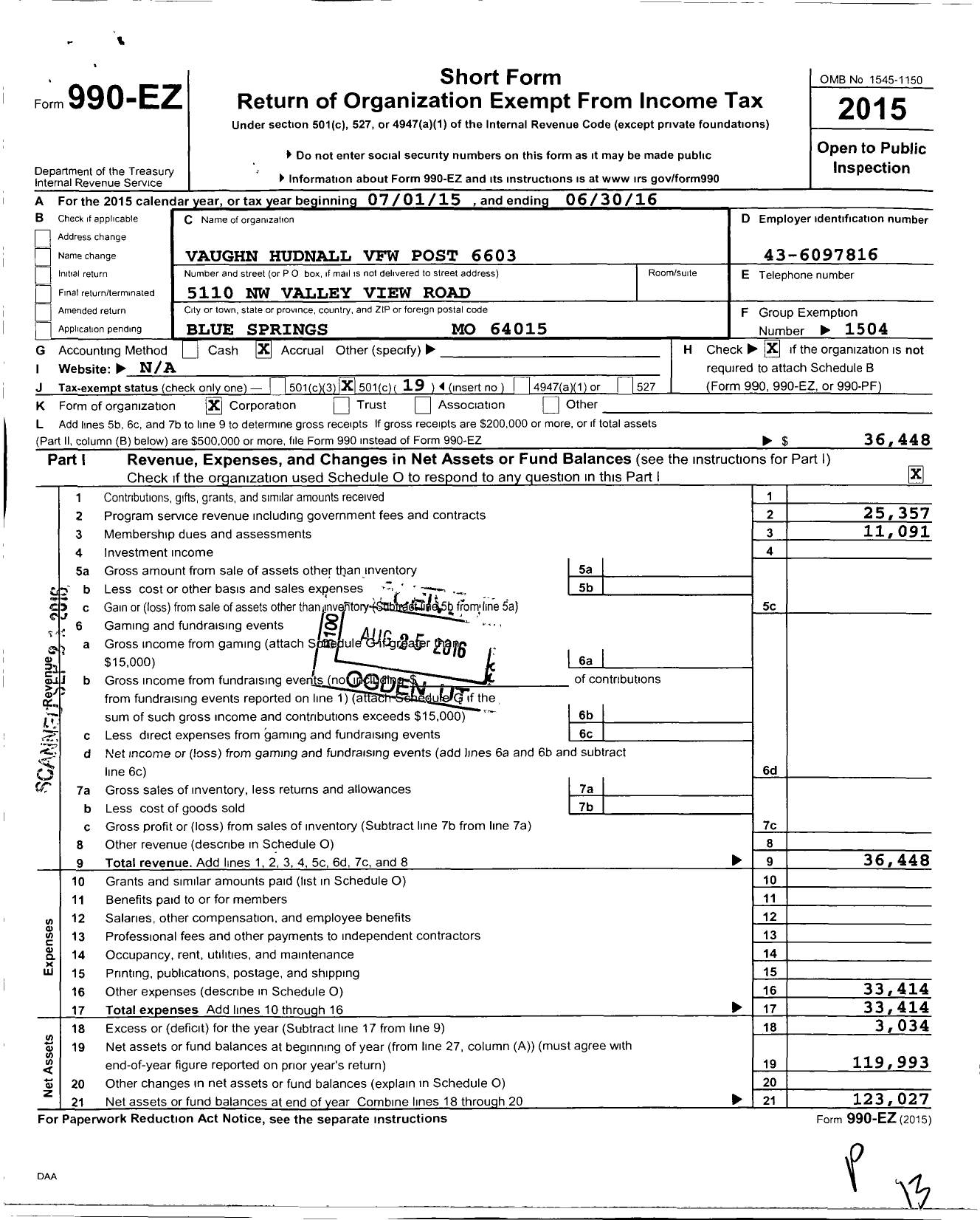 Image of first page of 2015 Form 990EO for VFW Missouri - 6603 VFW Post