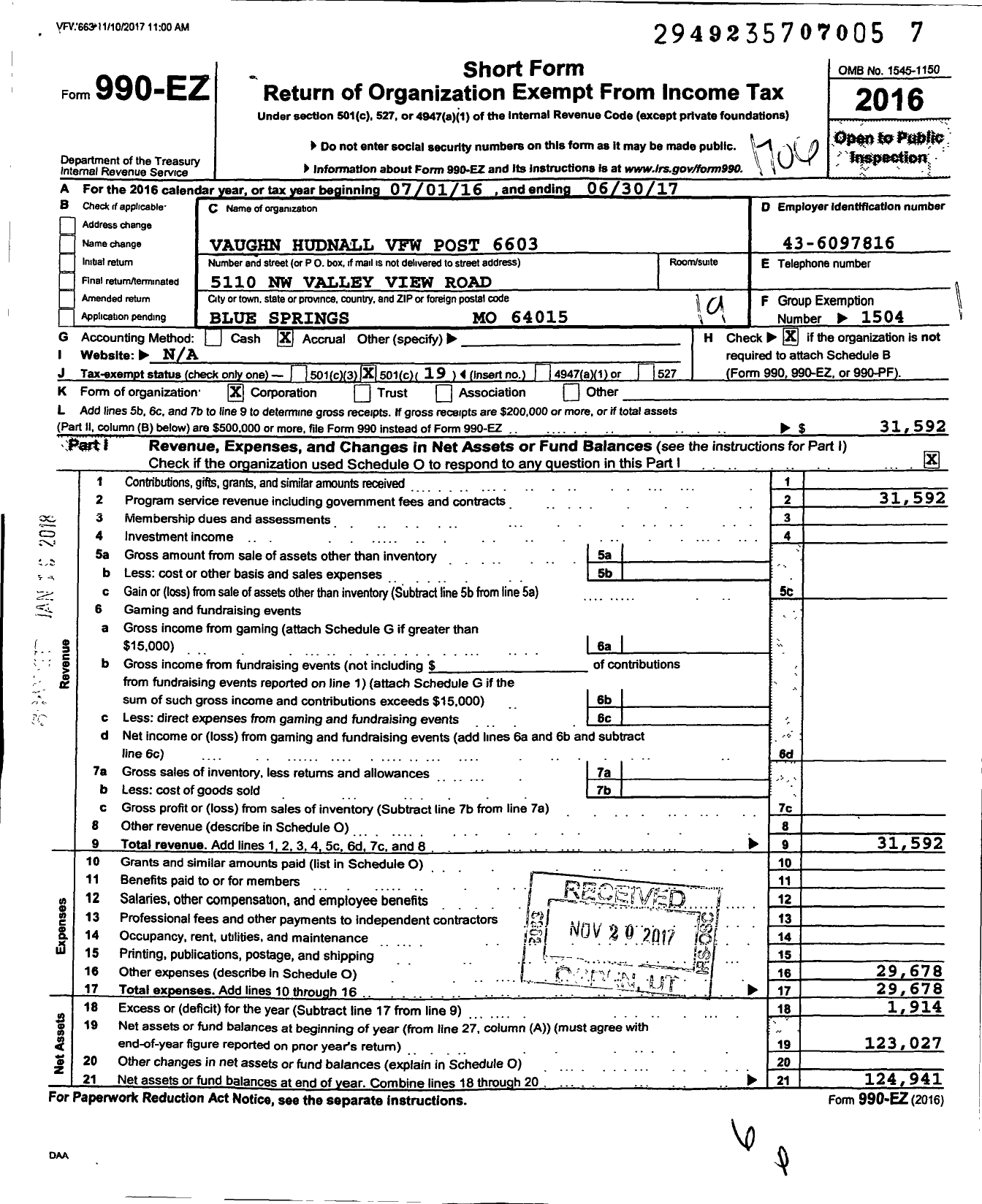 Image of first page of 2016 Form 990EO for VFW Missouri - 6603 VFW Post