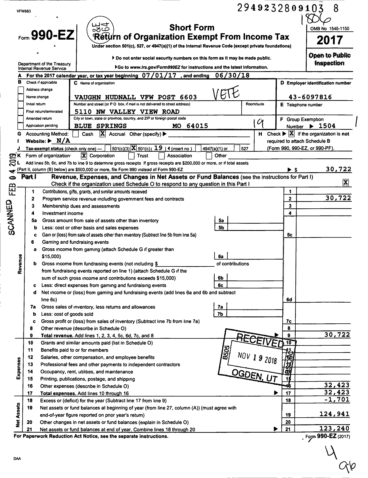 Image of first page of 2017 Form 990EO for VFW Missouri - 6603 VFW Post