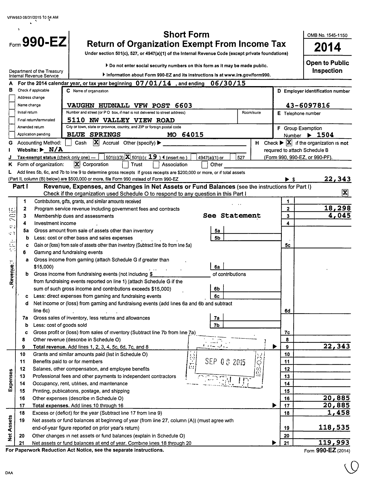 Image of first page of 2014 Form 990EO for VFW Missouri - 6603 VFW Post