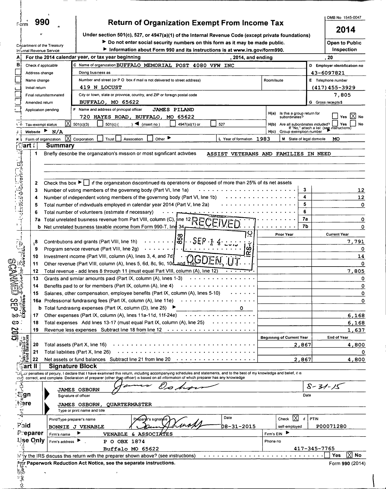 Image of first page of 2014 Form 990 for Buffalo Memorial Post 4080 VFW