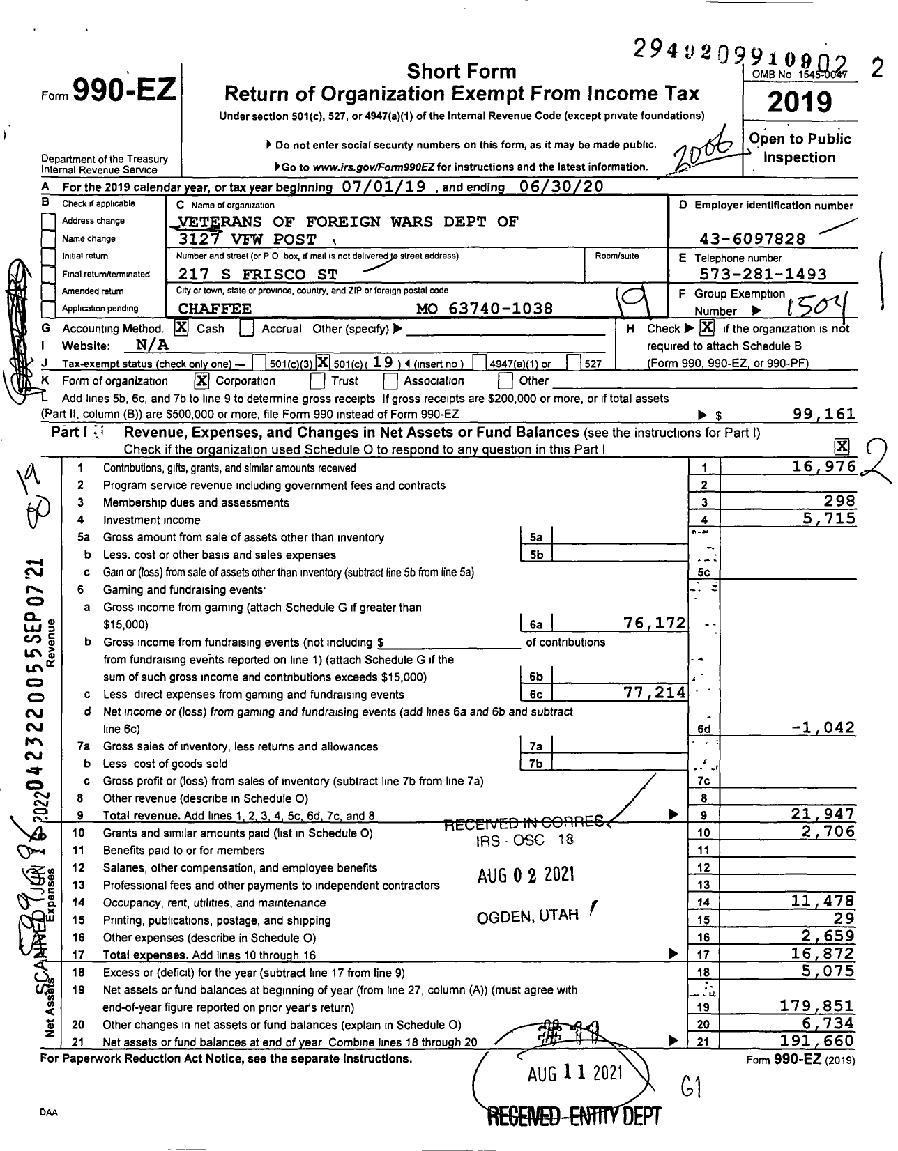 Image of first page of 2019 Form 990EO for VFW Missouri - 3127 VFW Post