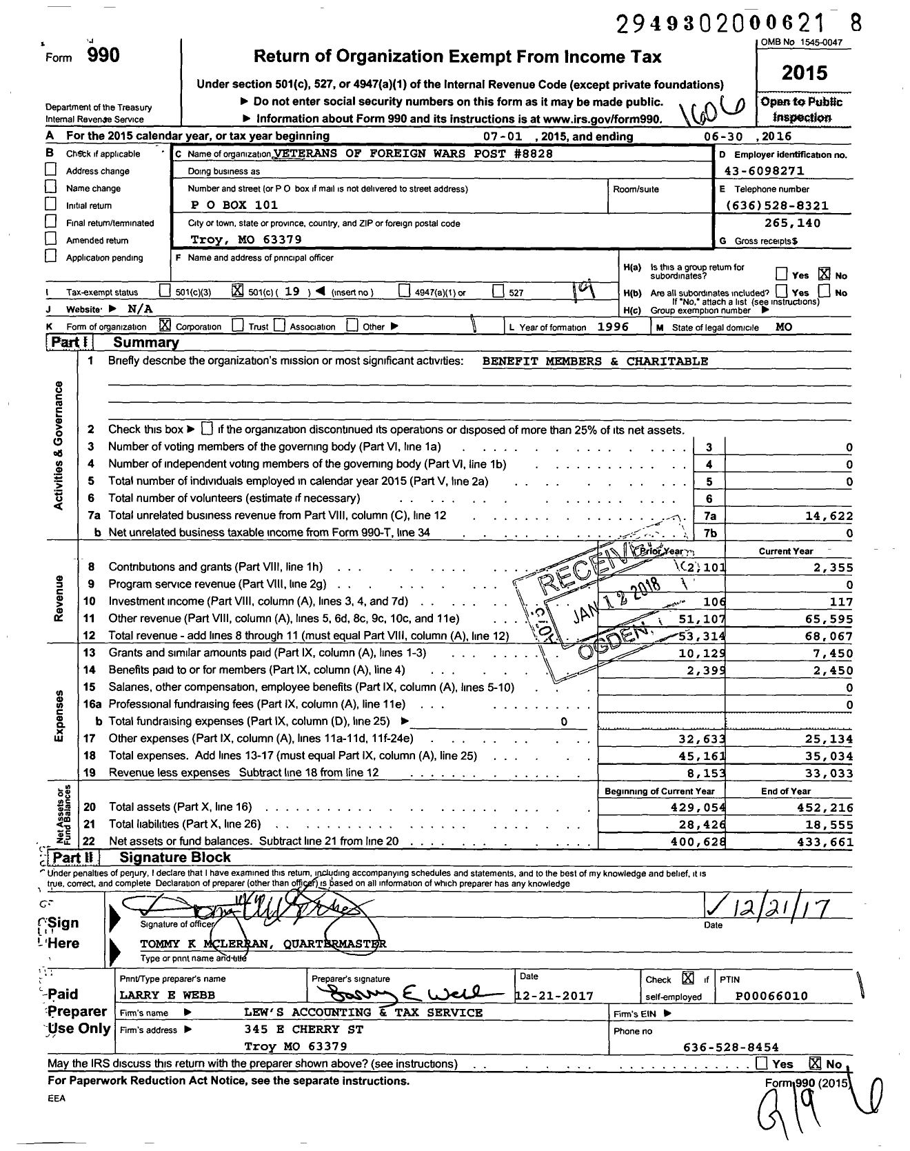 Image of first page of 2015 Form 990O for VFW Missouri - 8828 VFW Post