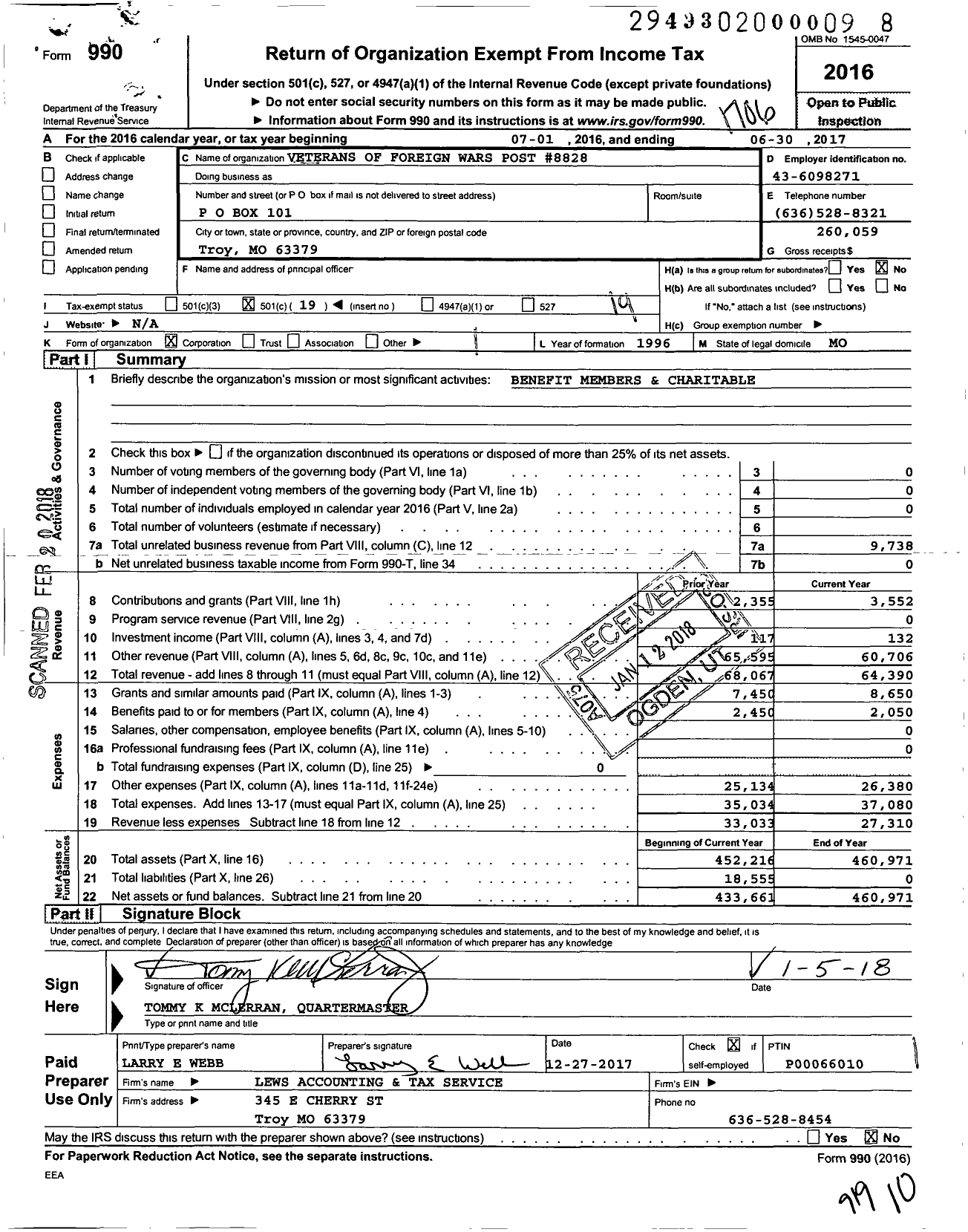 Image of first page of 2016 Form 990O for VFW Missouri - 8828 VFW Post