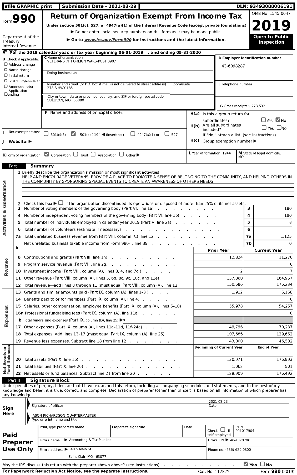 Image of first page of 2019 Form 990 for VFW Missouri - VFW-3987 Mo