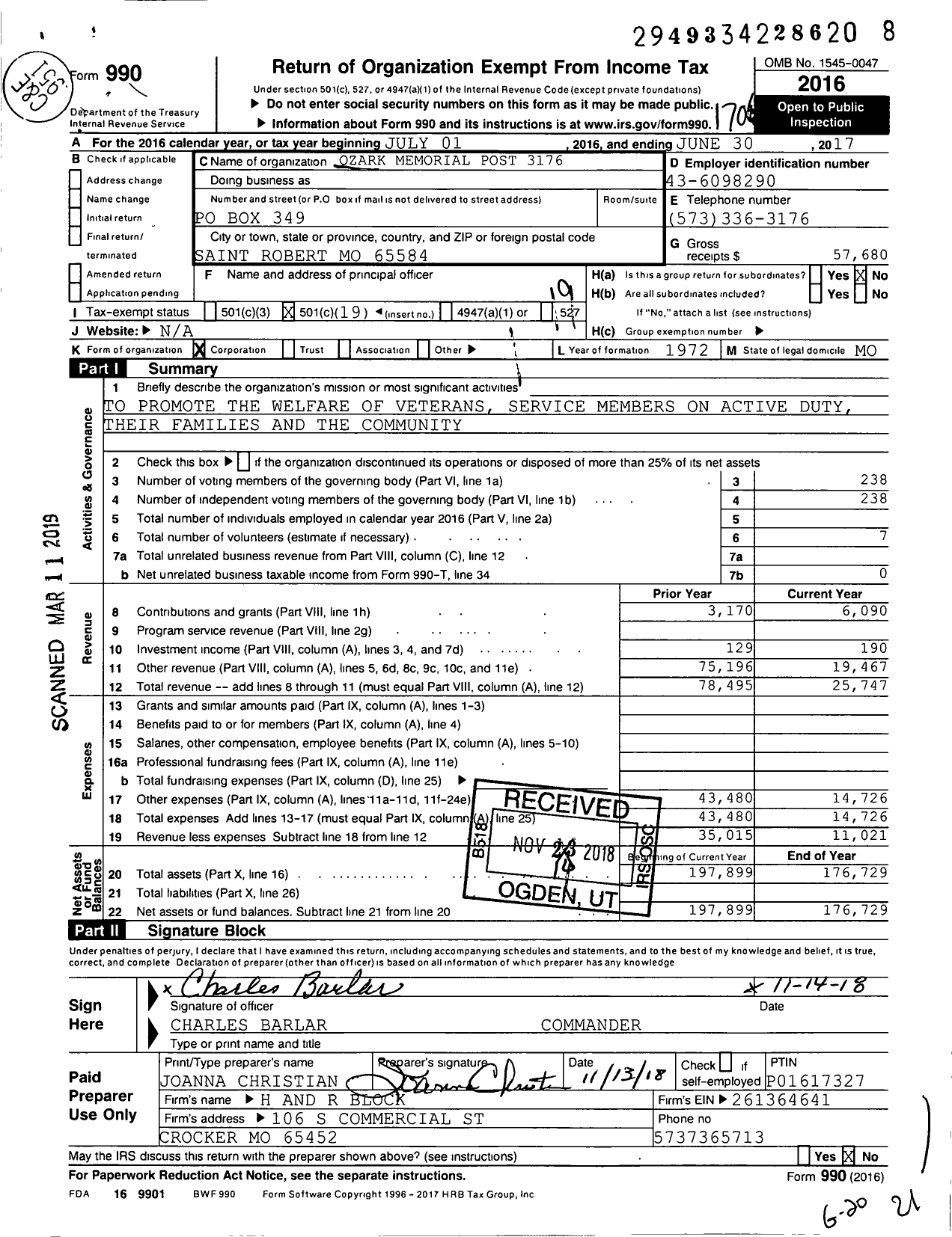 Image of first page of 2016 Form 990O for Ozark Memorial Post 3173