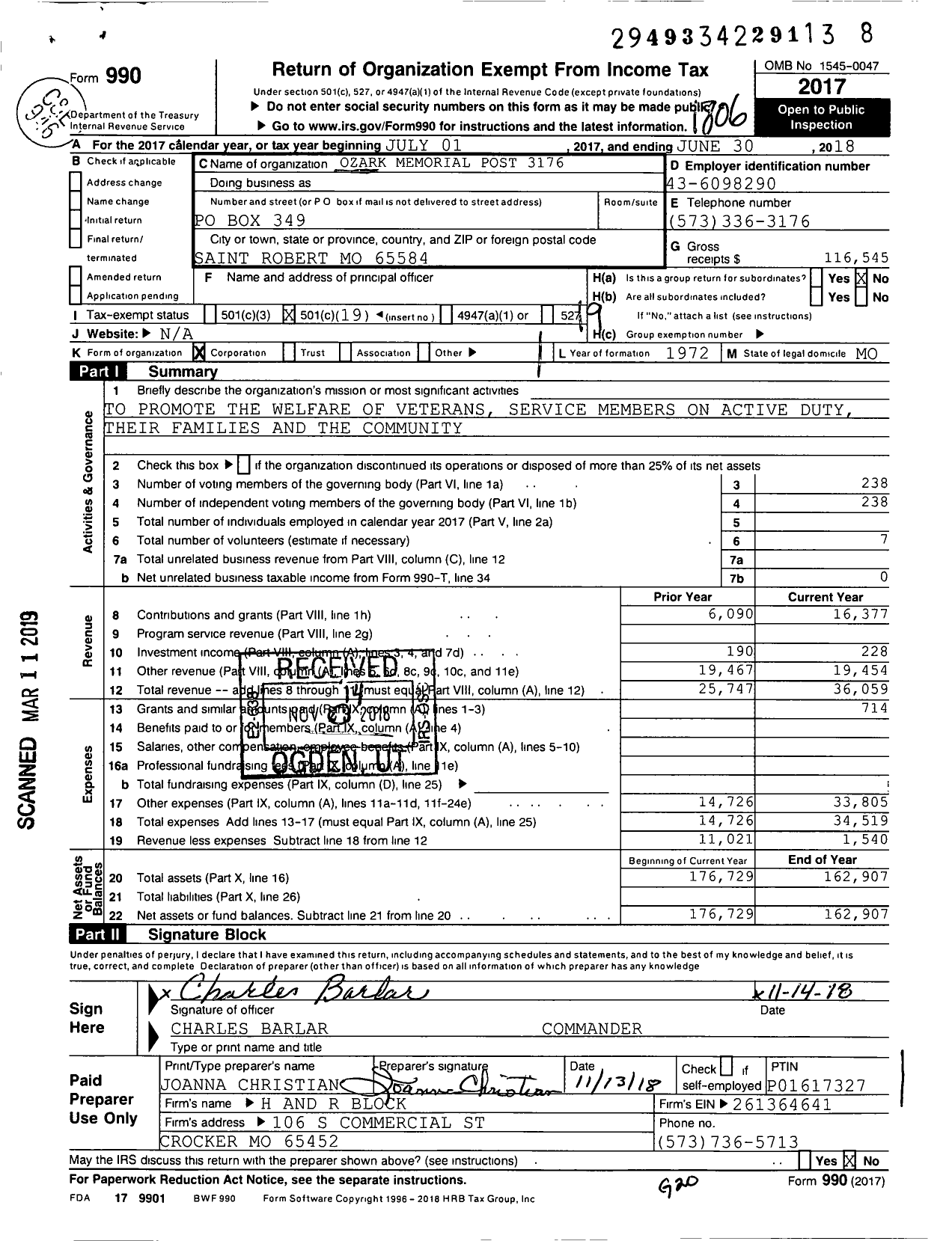 Image of first page of 2017 Form 990O for Ozark Memorial Post 3173