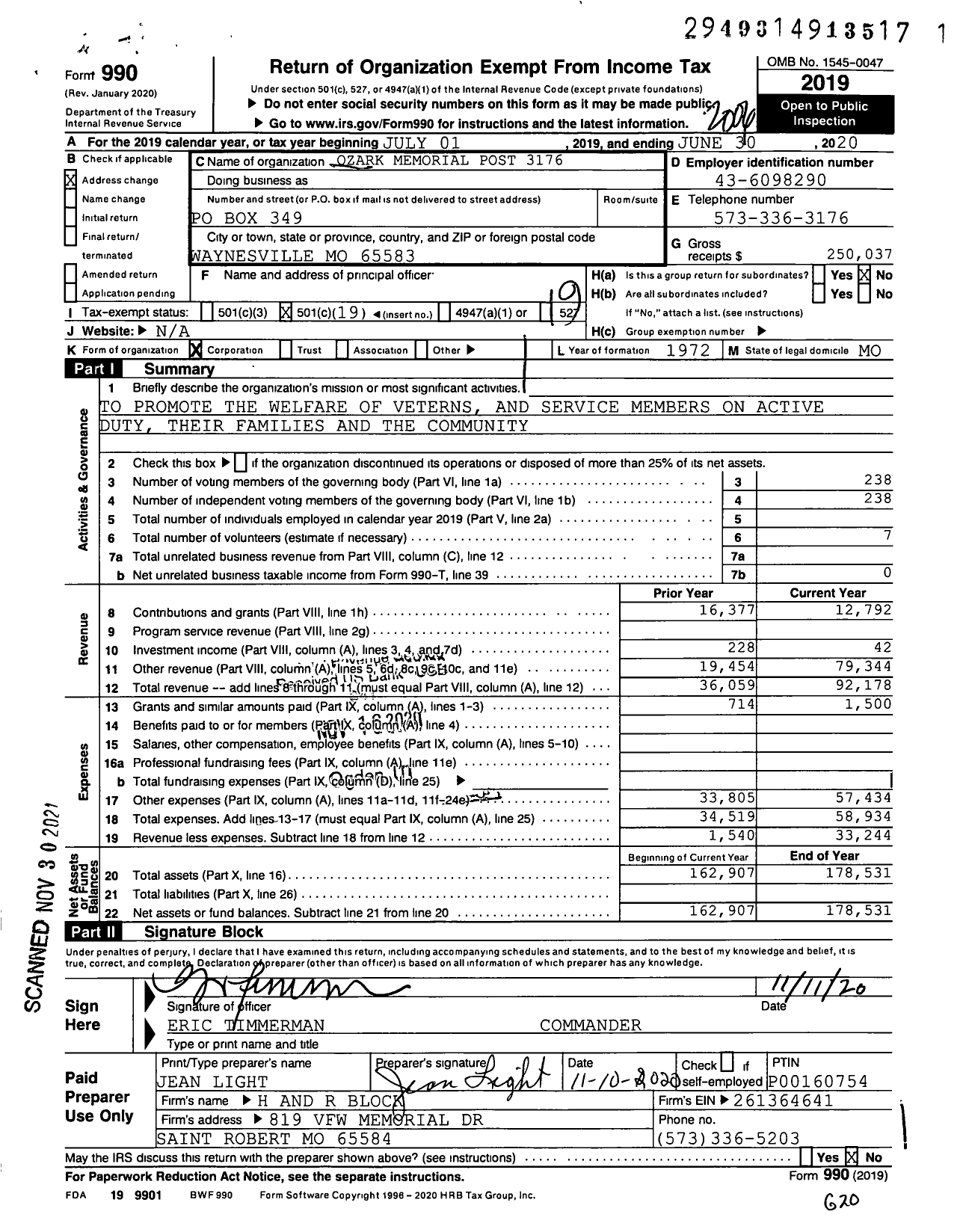 Image of first page of 2019 Form 990O for Ozark Memorial Post 3173