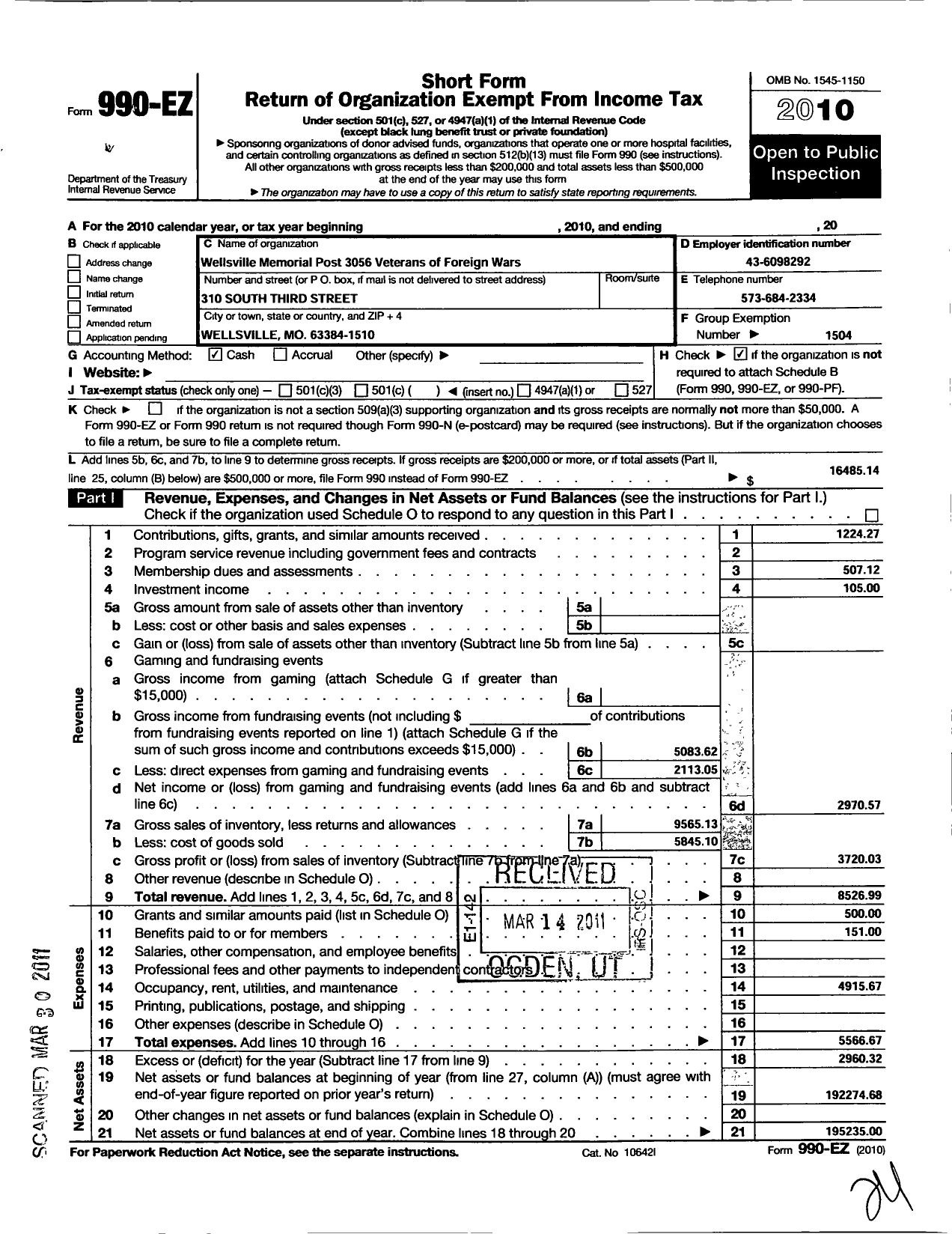 Image of first page of 2010 Form 990EO for VFW Missouri - 3056 VFW Post